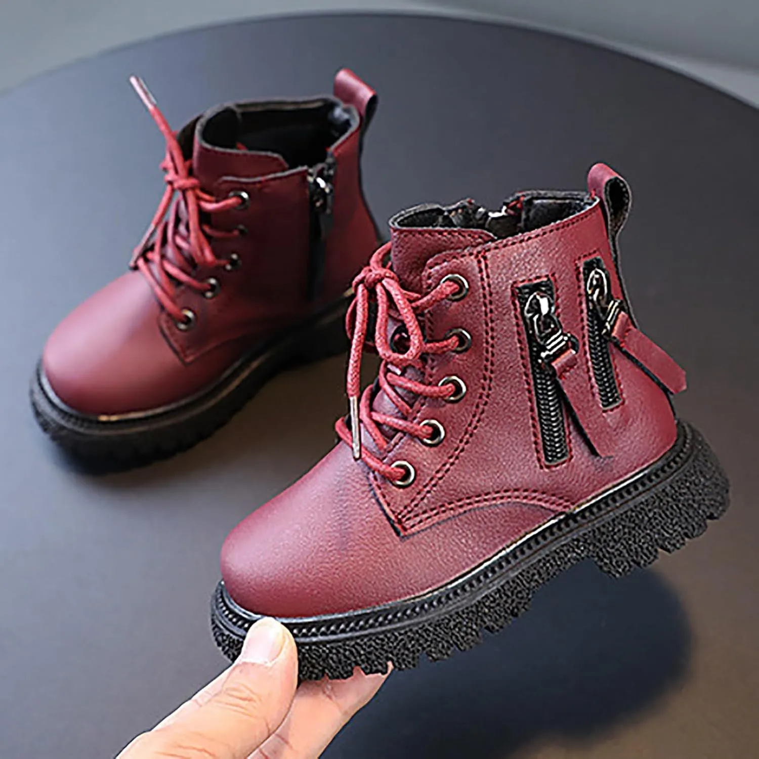Toddler Boys Girls Faux Leather Ankle Boots Side Zipper Lace-Up Winter Combat Booties Outdoor Hiking Shoes