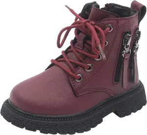 Toddler Boys Girls Faux Leather Ankle Boots Side Zipper Lace-Up Winter Combat Booties Outdoor Hiking Shoes