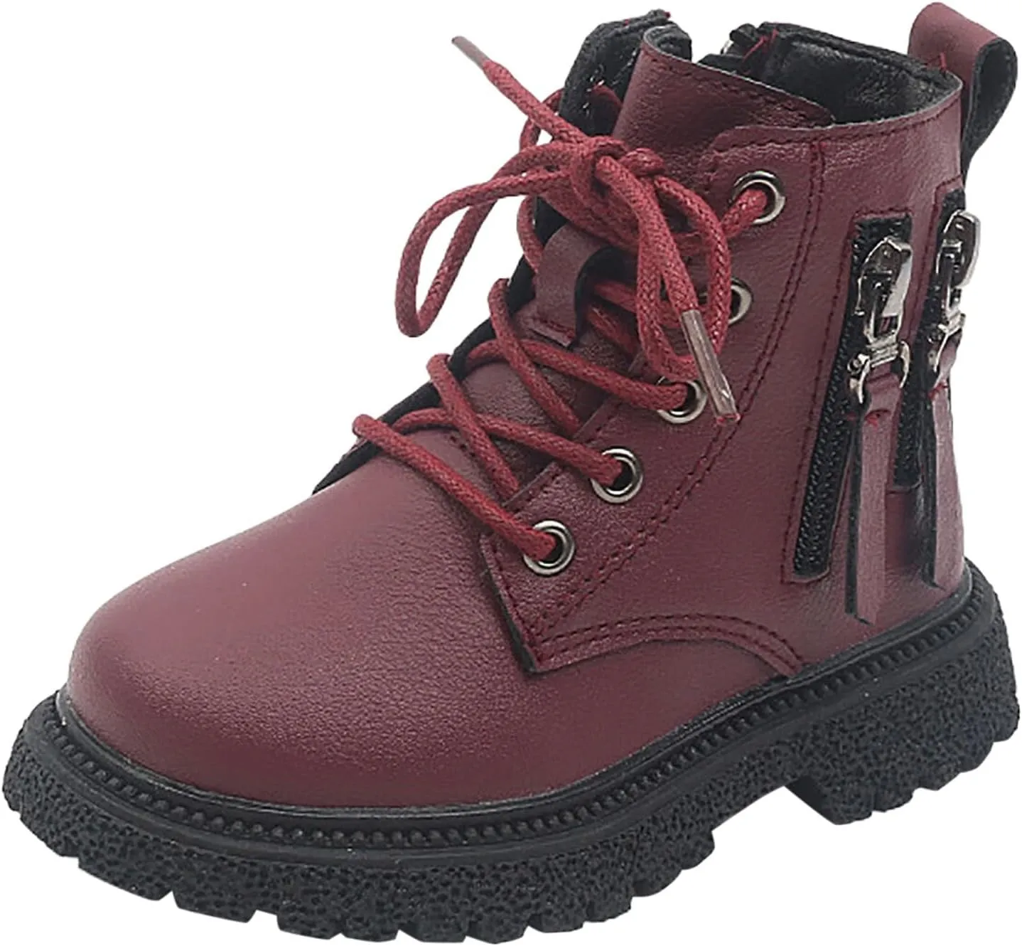 Toddler Boys Girls Faux Leather Ankle Boots Side Zipper Lace-Up Winter Combat Booties Outdoor Hiking Shoes