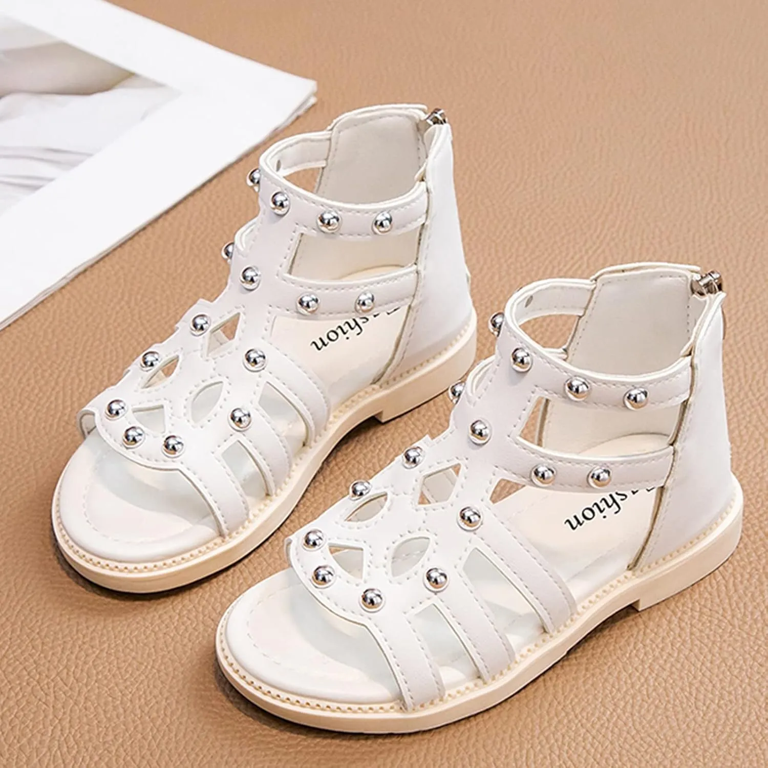 Toddler Girls Flat High Top Sandals Open Toe Rubber Soft Sole Non Slip Outdoor Casual Roman Shoes with Back Zip