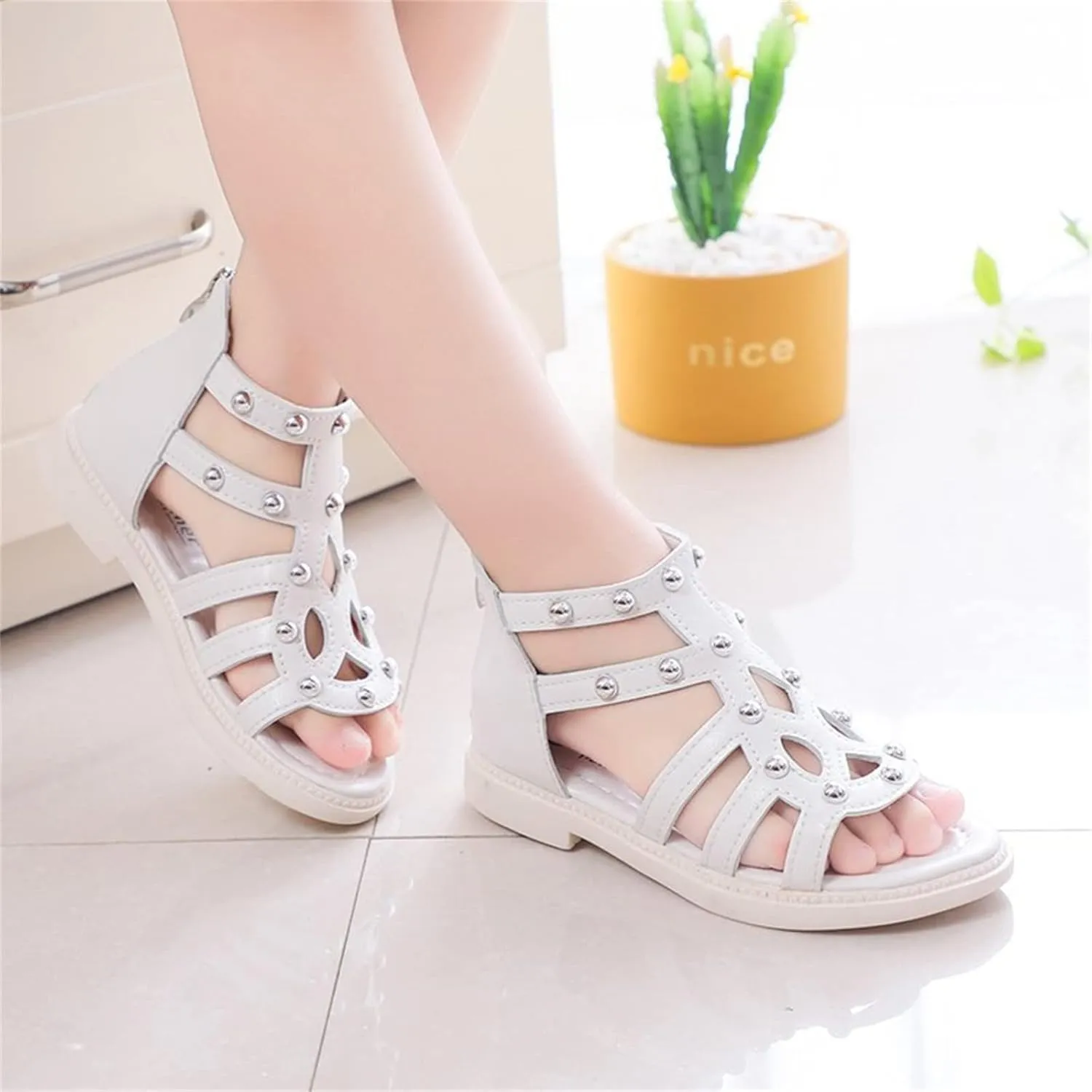 Toddler Girls Flat High Top Sandals Open Toe Rubber Soft Sole Non Slip Outdoor Casual Roman Shoes with Back Zip