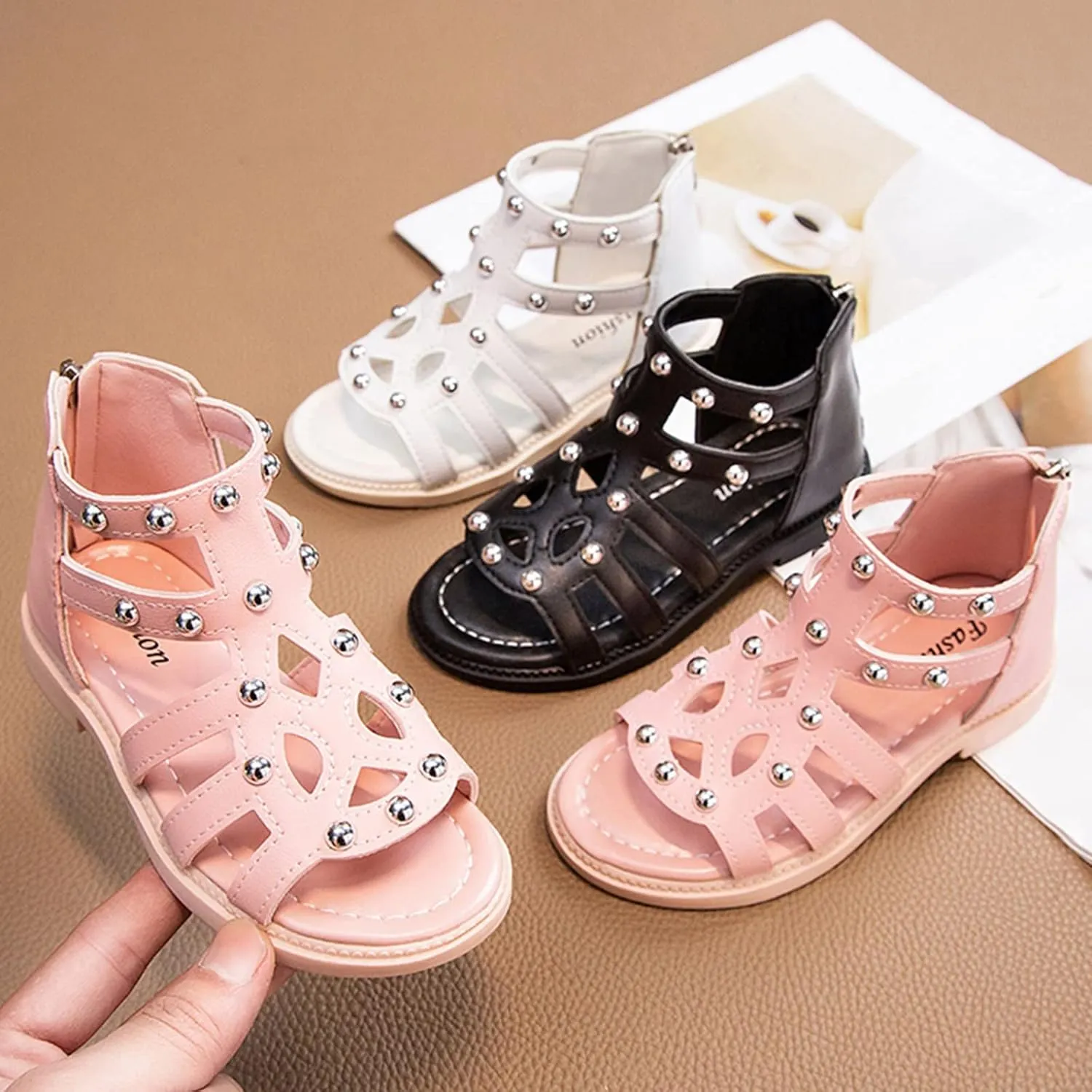 Toddler Girls Flat High Top Sandals Open Toe Rubber Soft Sole Non Slip Outdoor Casual Roman Shoes with Back Zip