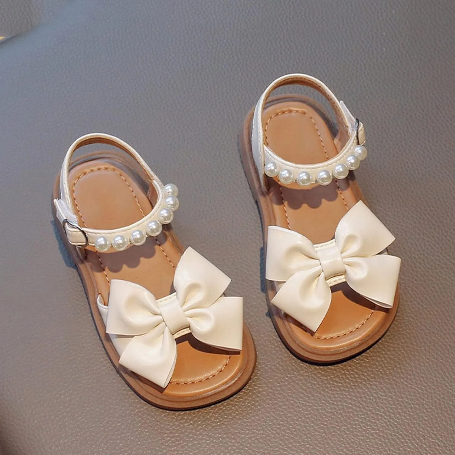 Toddler Kids Girl Open-toe Casual Sandal Low Heel Hook & Loop Buckle Bow Soft Rubber Sole Party Dress Shoes