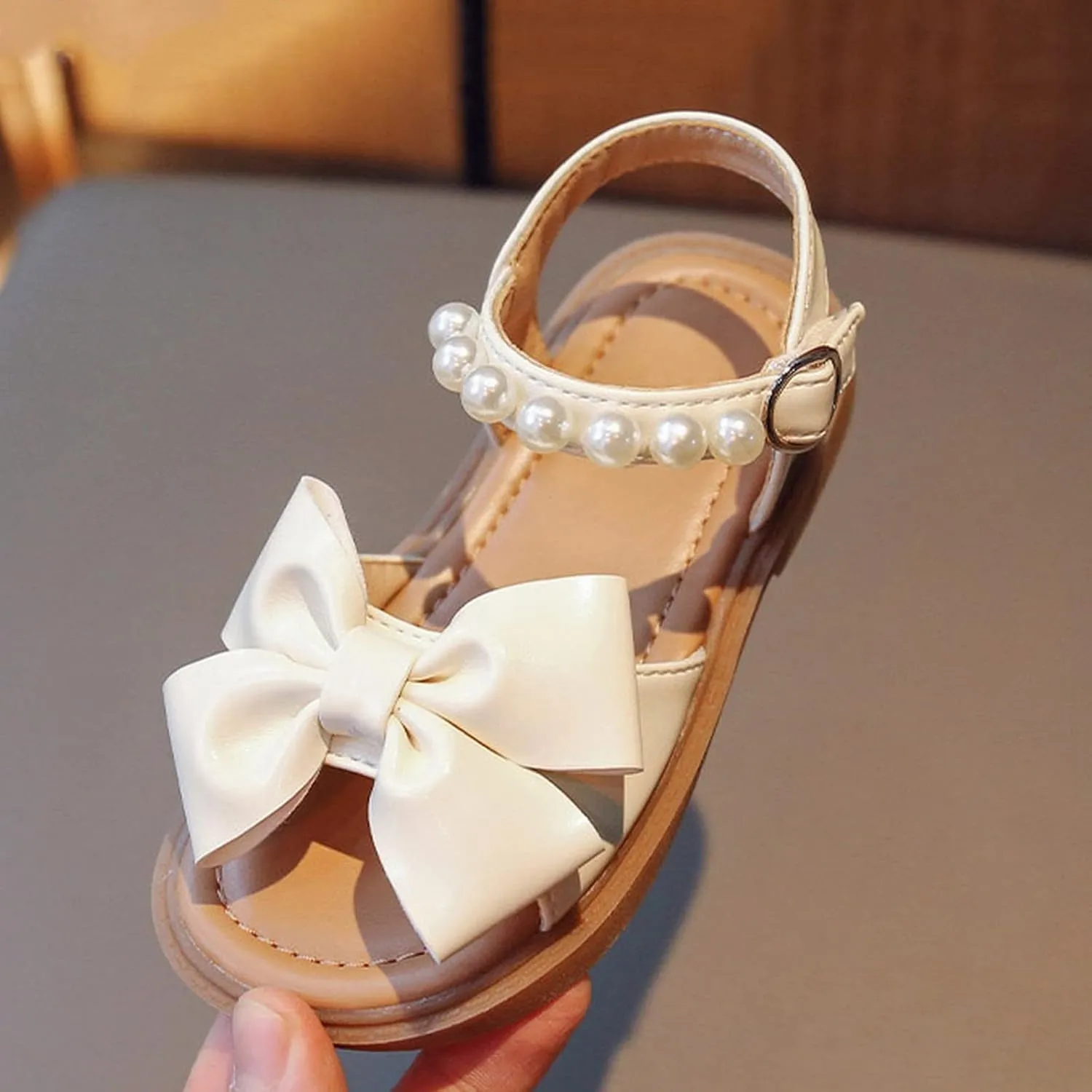 Toddler Kids Girl Open-toe Casual Sandal Low Heel Hook & Loop Buckle Bow Soft Rubber Sole Party Dress Shoes