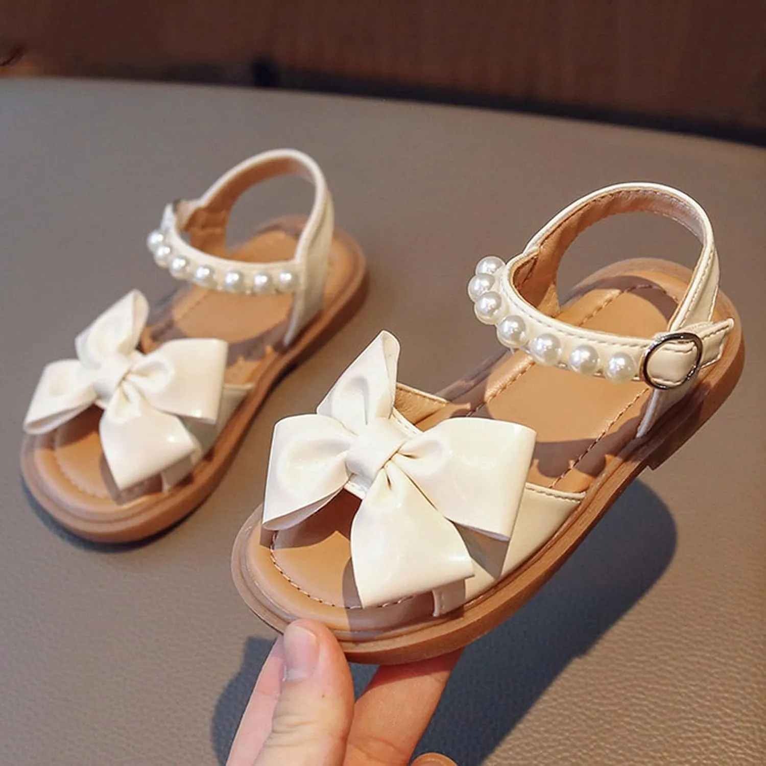 Toddler Kids Girl Open-toe Casual Sandal Low Heel Hook & Loop Buckle Bow Soft Rubber Sole Party Dress Shoes