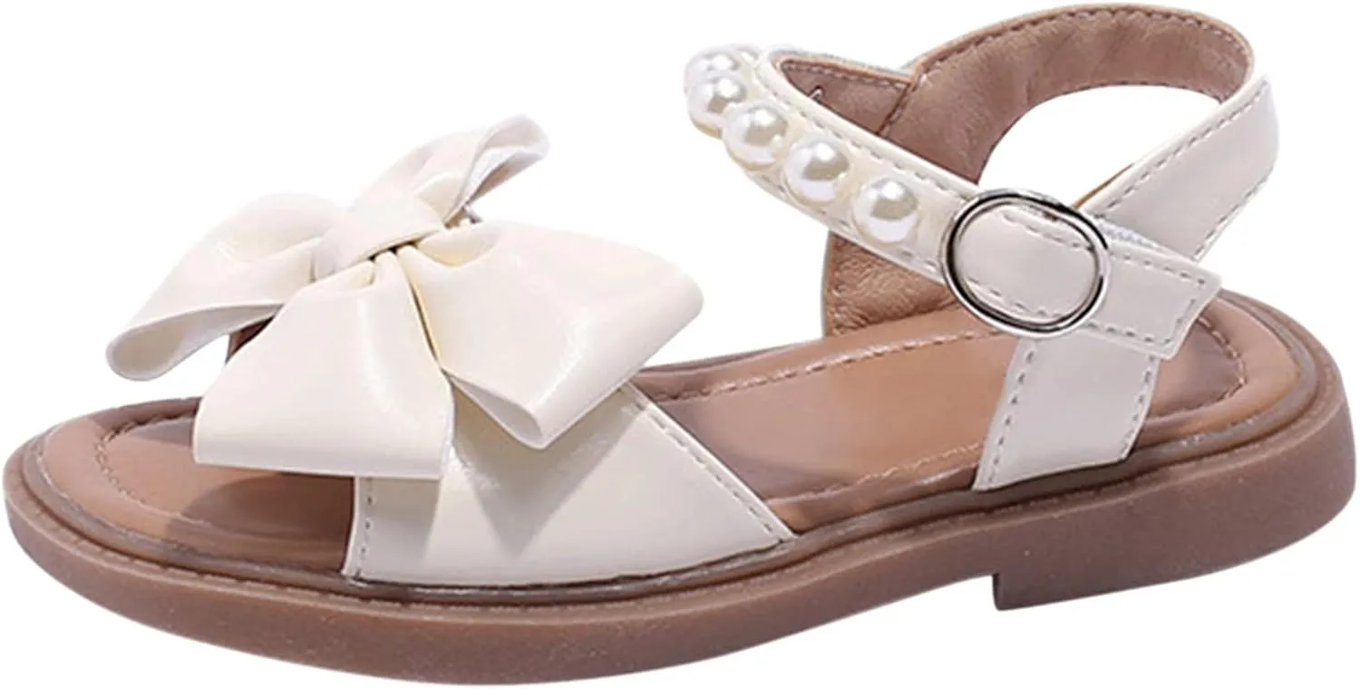 Toddler Kids Girl Open-toe Casual Sandal Low Heel Hook & Loop Buckle Bow Soft Rubber Sole Party Dress Shoes