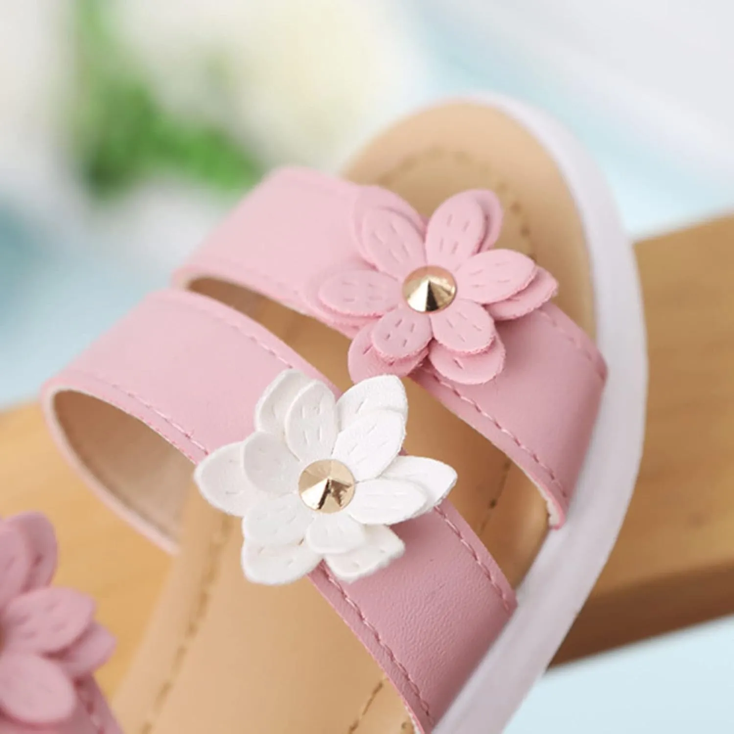 Toddler Little Girl's Open Toe Strap Flowers Sandals Summer Beach Shoes Non-Slip Rubber Soft Sole Princess Flats