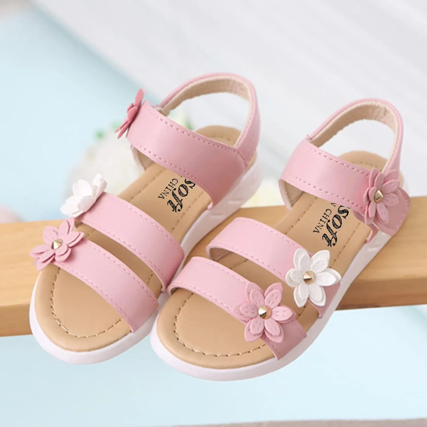 Toddler Little Girl's Open Toe Strap Flowers Sandals Summer Beach Shoes Non-Slip Rubber Soft Sole Princess Flats