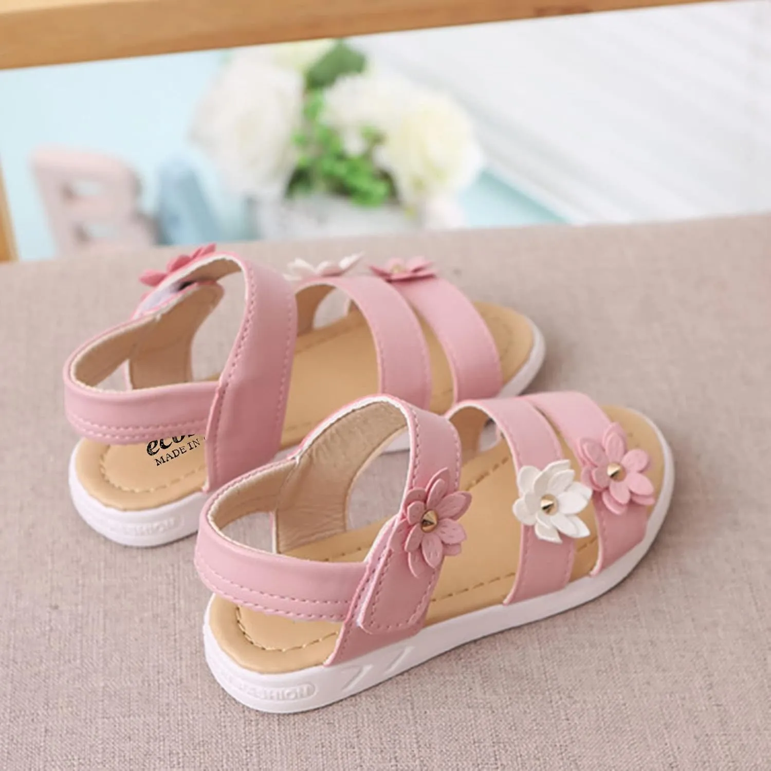 Toddler Little Girl's Open Toe Strap Flowers Sandals Summer Beach Shoes Non-Slip Rubber Soft Sole Princess Flats