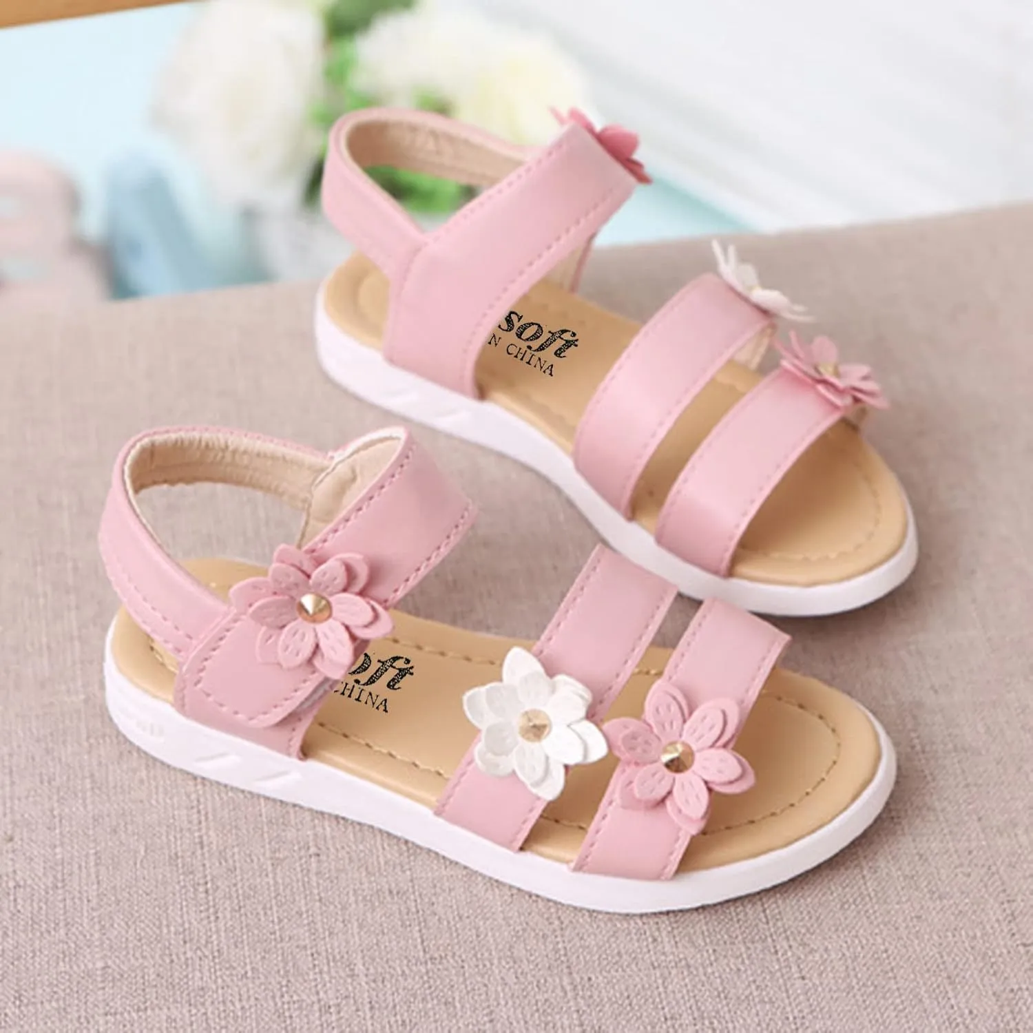 Toddler Little Girl's Open Toe Strap Flowers Sandals Summer Beach Shoes Non-Slip Rubber Soft Sole Princess Flats