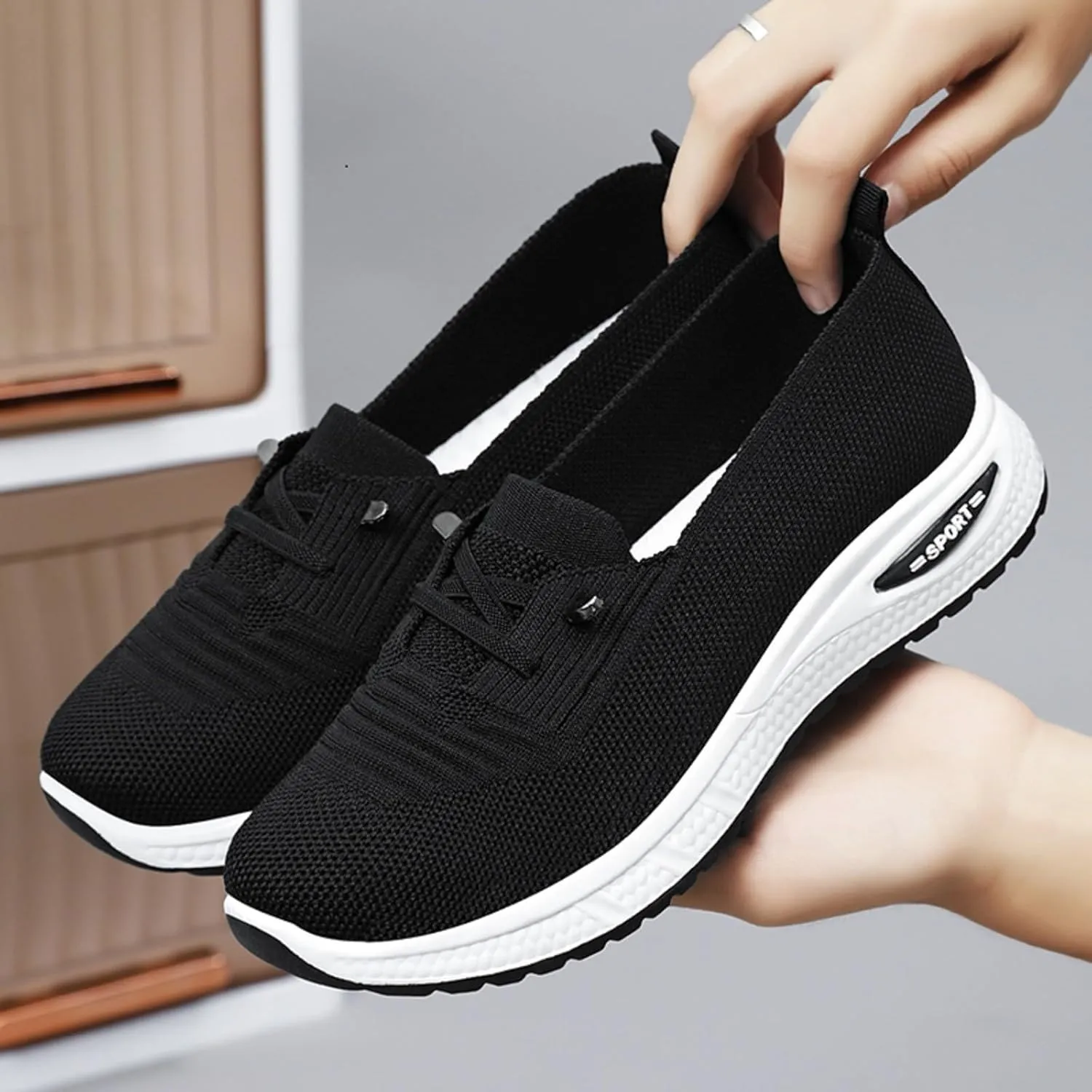 Walking Shoes Women Breathable Knitted Mesh Lightweight Slip-On Loafers Lace Up Orthopedic Soft Sole Non-Slip Outdoor