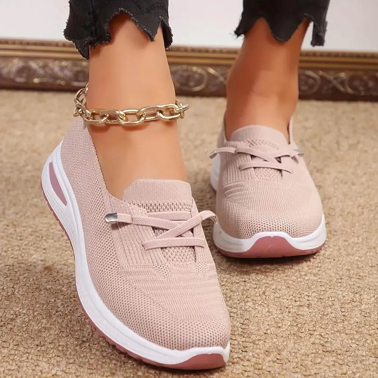 Walking Shoes Women Breathable Knitted Mesh Lightweight Slip-On Loafers Lace Up Orthopedic Soft Sole Non-Slip Outdoor