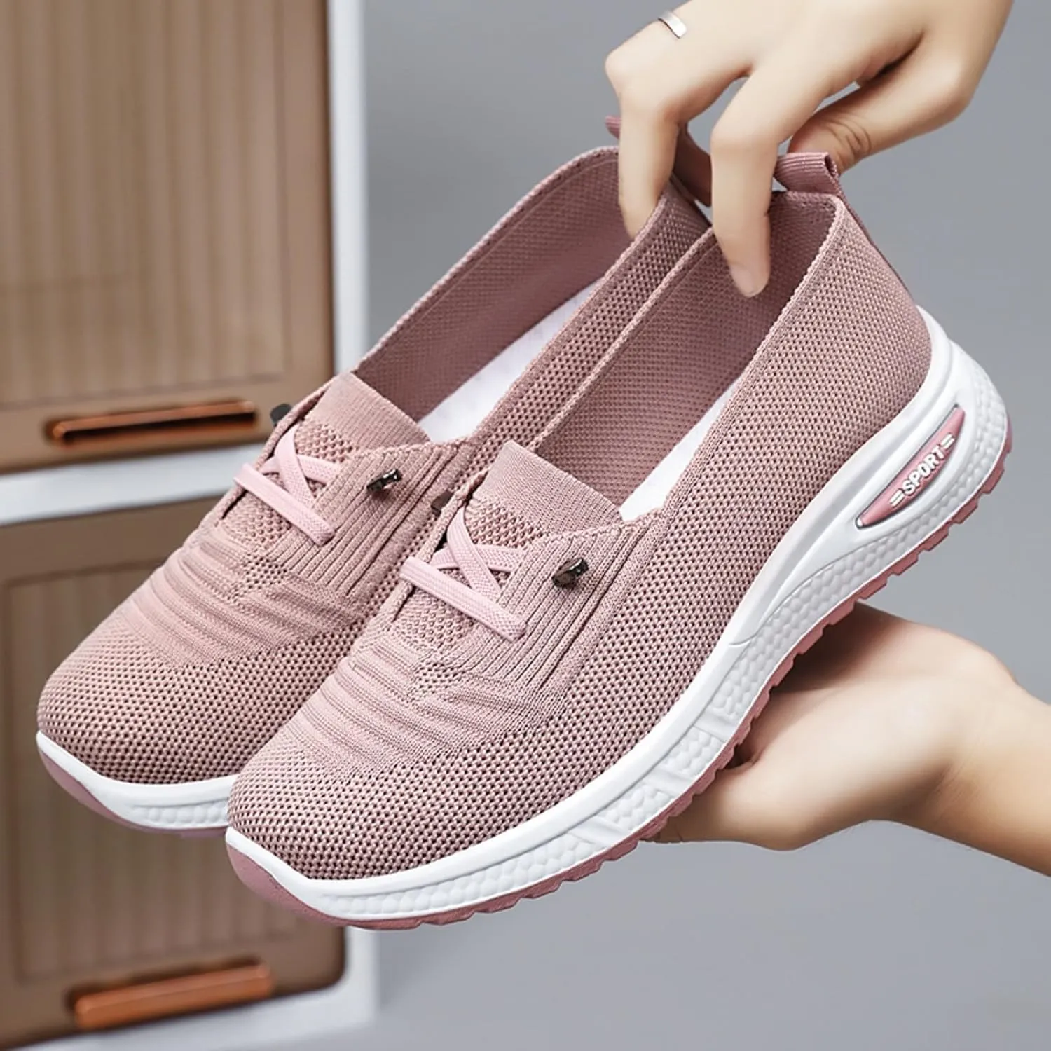 Walking Shoes Women Breathable Knitted Mesh Lightweight Slip-On Loafers Lace Up Orthopedic Soft Sole Non-Slip Outdoor