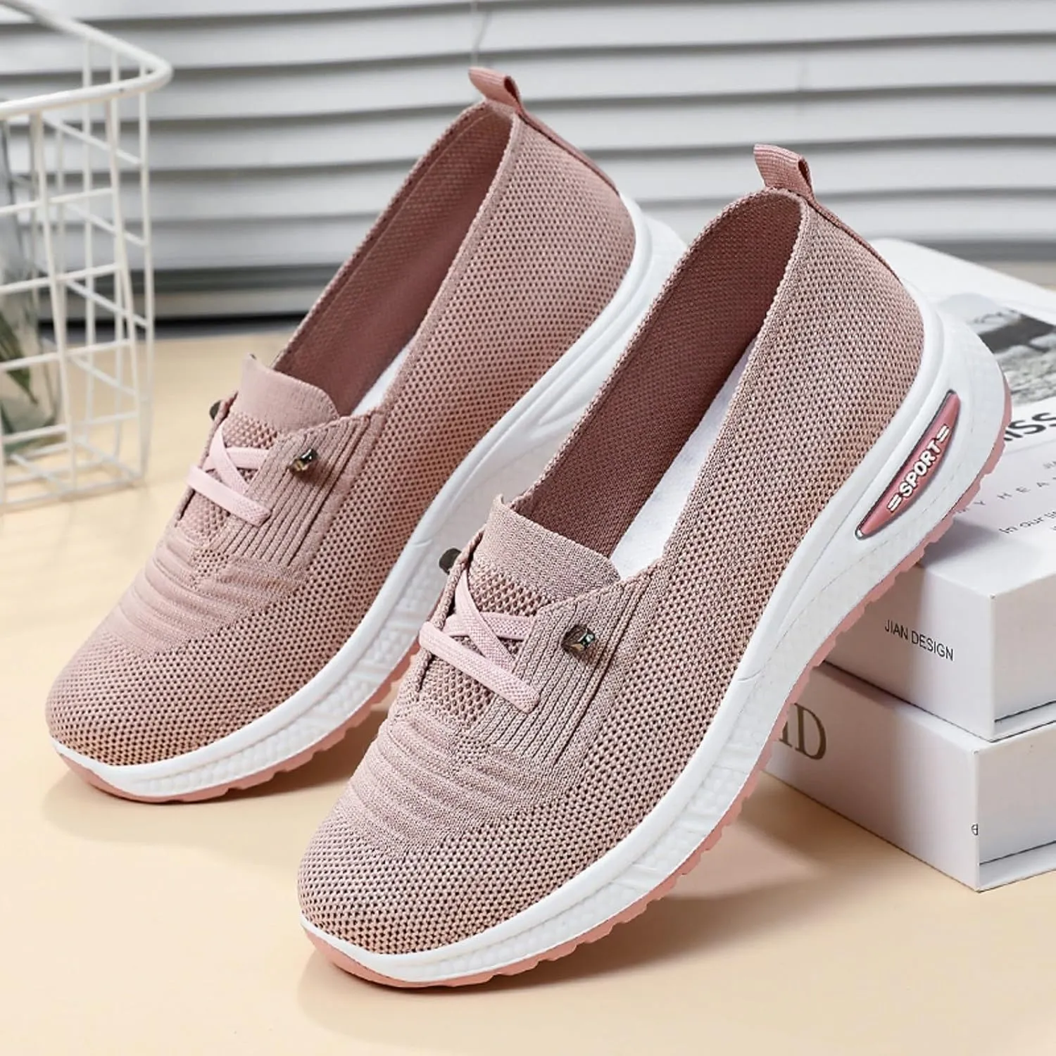 Walking Shoes Women Breathable Knitted Mesh Lightweight Slip-On Loafers Lace Up Orthopedic Soft Sole Non-Slip Outdoor