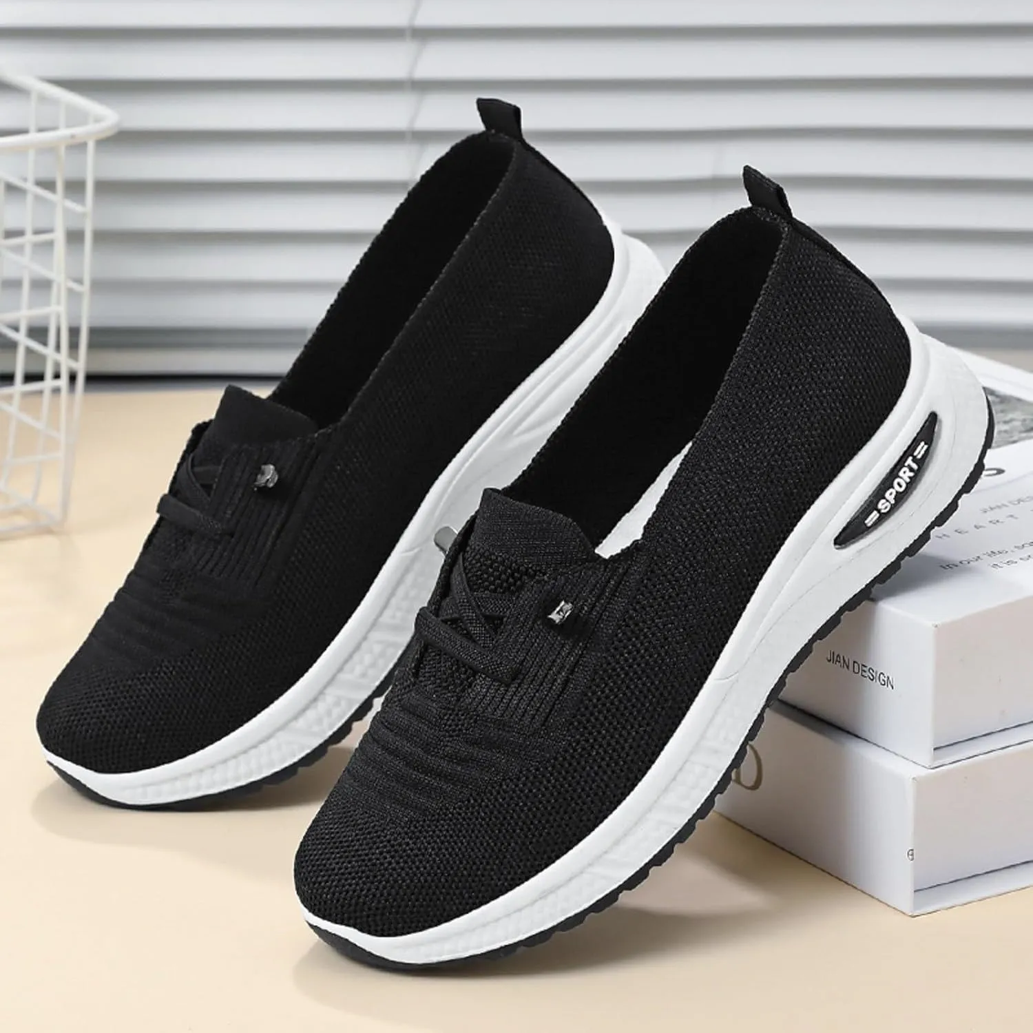 Walking Shoes Women Breathable Knitted Mesh Lightweight Slip-On Loafers Lace Up Orthopedic Soft Sole Non-Slip Outdoor