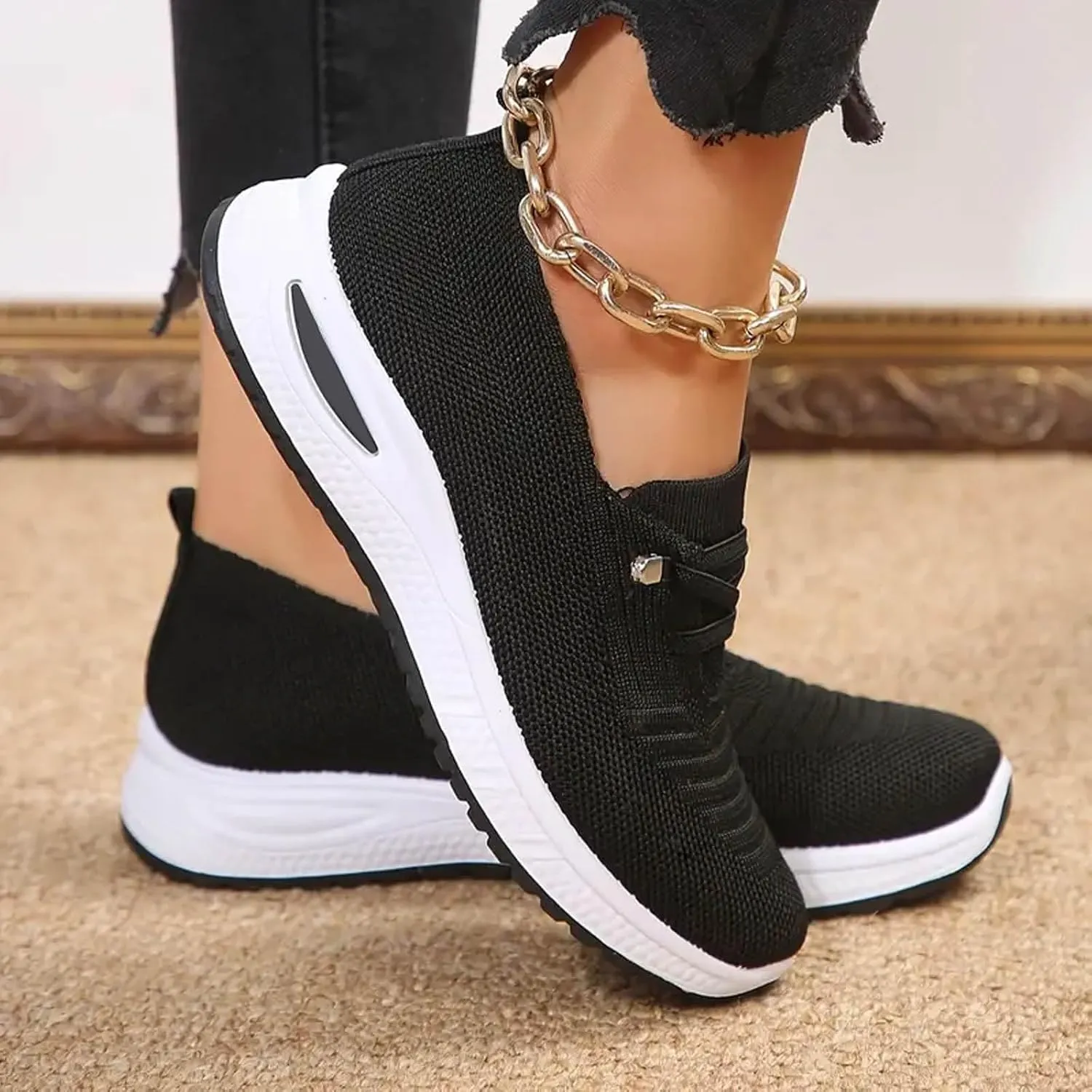 Walking Shoes Women Breathable Knitted Mesh Lightweight Slip-On Loafers Lace Up Orthopedic Soft Sole Non-Slip Outdoor