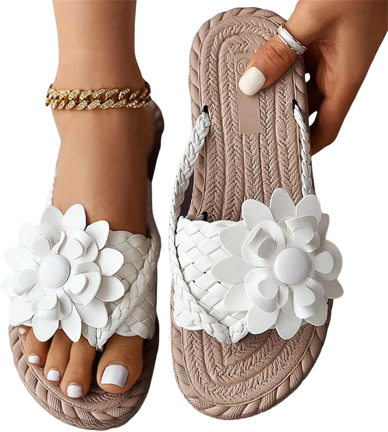 Women Flip Flops Summer Clip Toe Slip On Flat Sandals Womens Fashion Applique Decor Flip Flops Comfortable Casual Shower Shoes Beach Walking Shoes for Summer Outdoor Casual