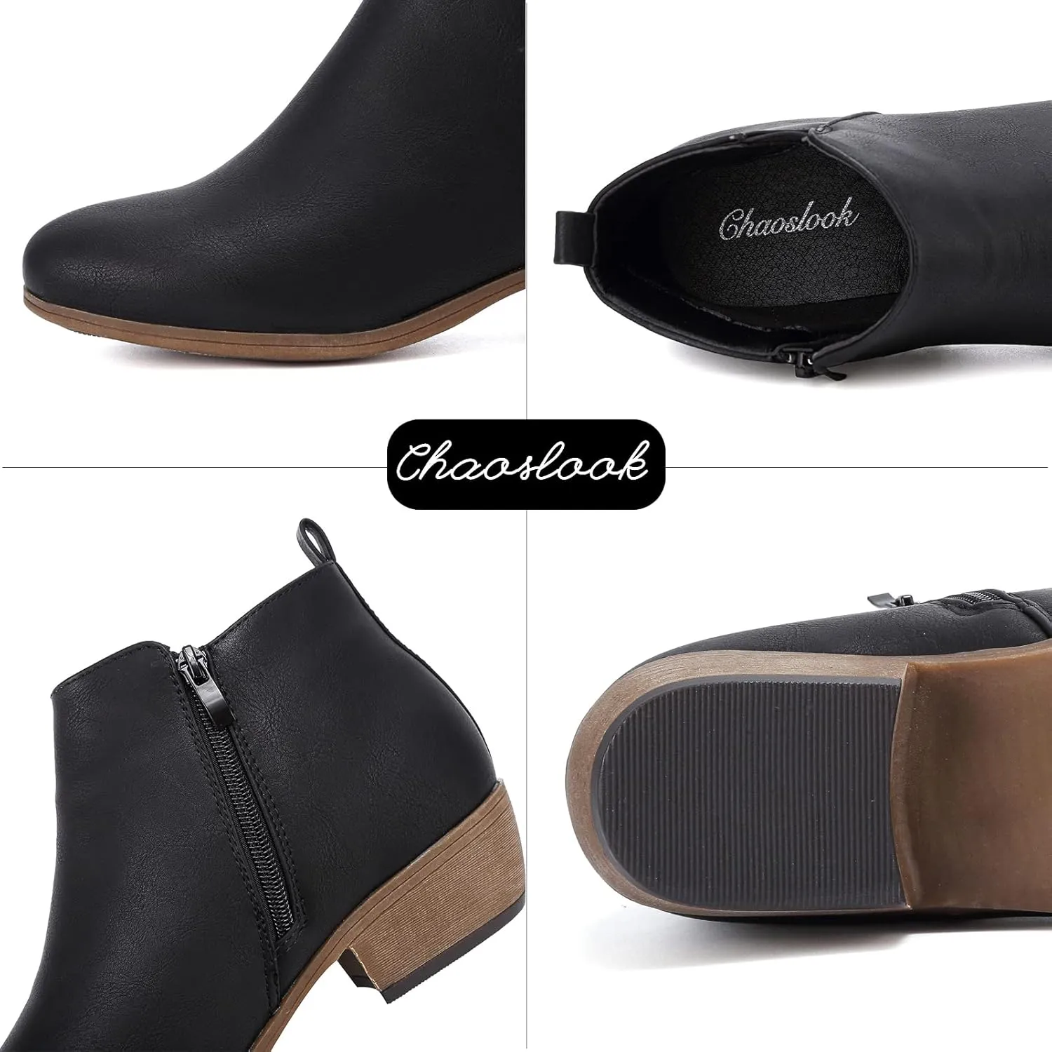 Womens Ankle Booties Low Heels Chunky Comfortable Leather Short Ankle Boots Round Toe With Side Zipper