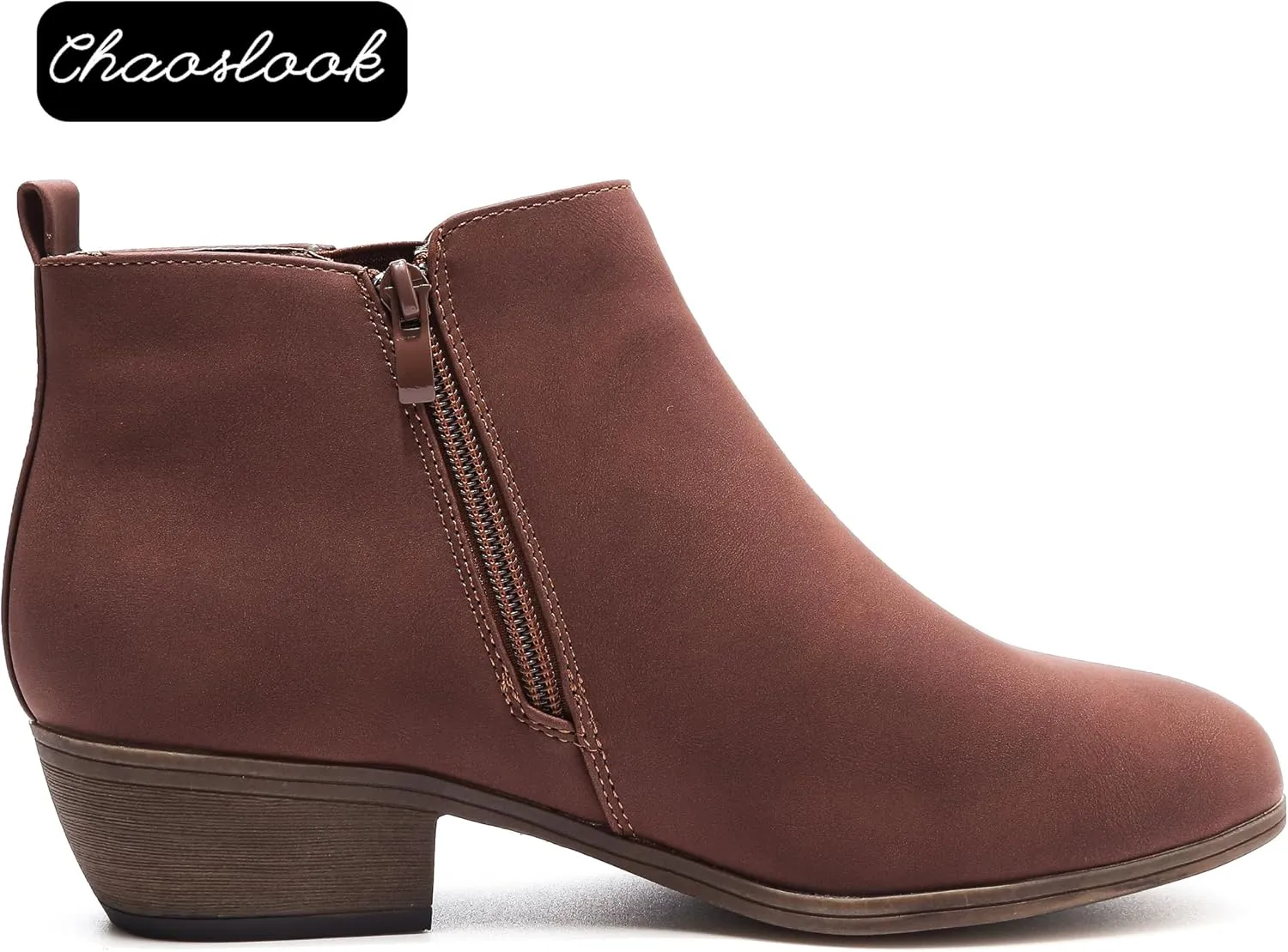Womens Ankle Booties Low Heels Chunky Comfortable Leather Short Ankle Boots Round Toe With Side Zipper