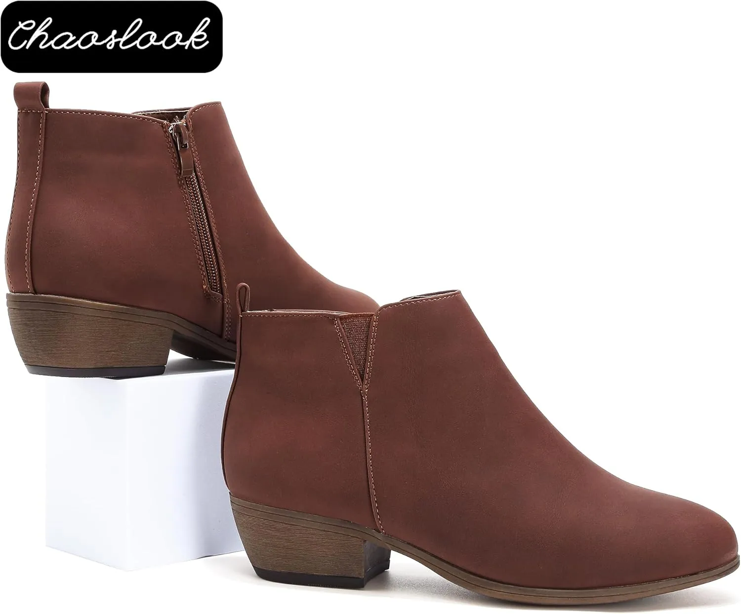 Womens Ankle Booties Low Heels Chunky Comfortable Leather Short Ankle Boots Round Toe With Side Zipper