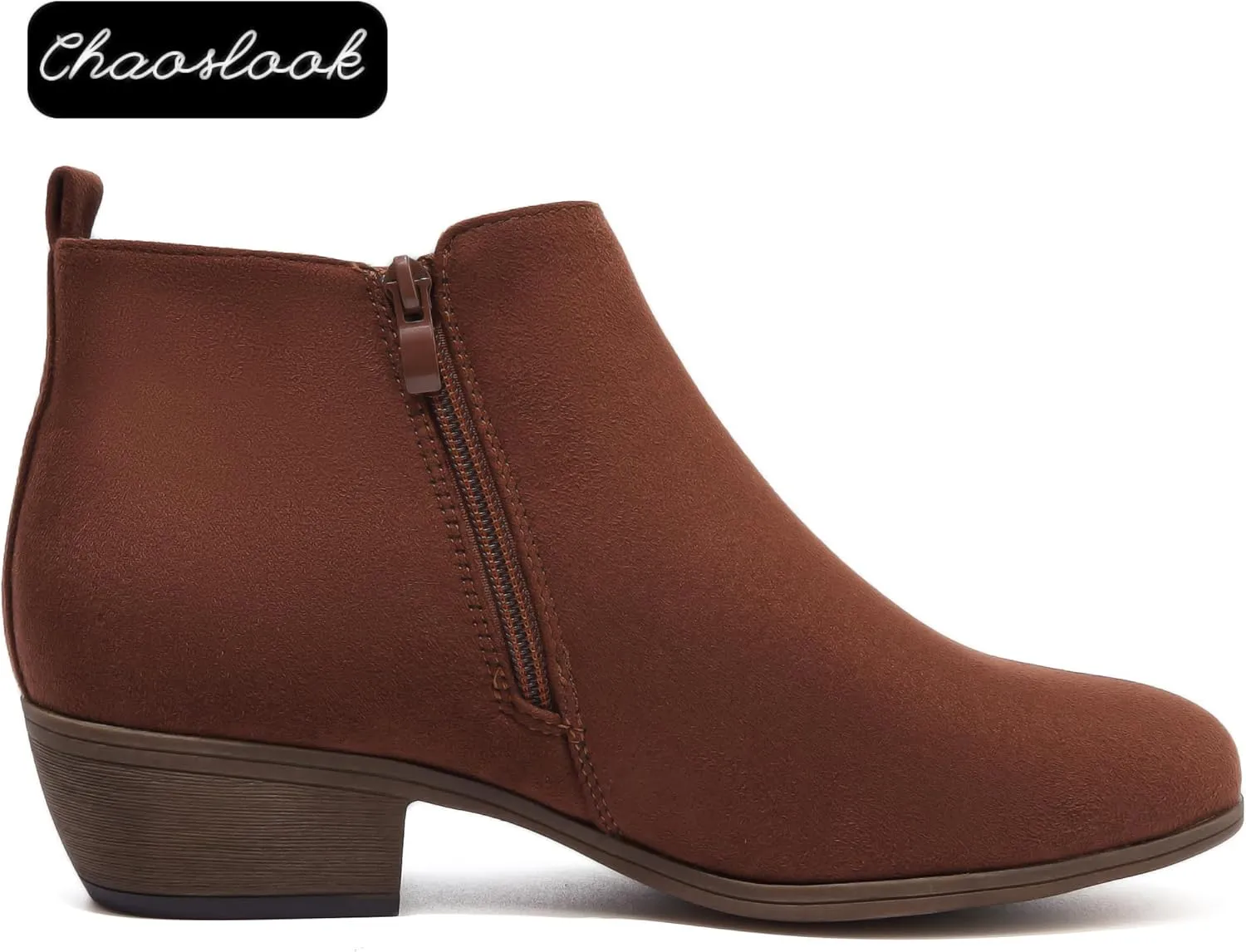 Womens Ankle Booties Low Heels Chunky Comfortable Leather Short Ankle Boots Round Toe With Side Zipper