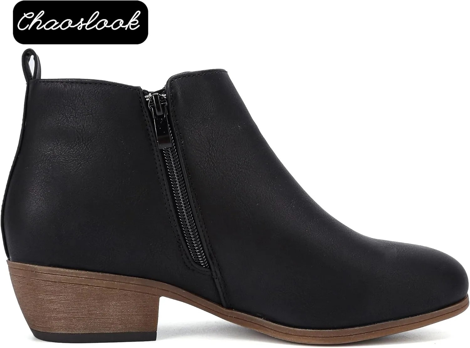 Womens Ankle Booties Low Heels Chunky Comfortable Leather Short Ankle Boots Round Toe With Side Zipper