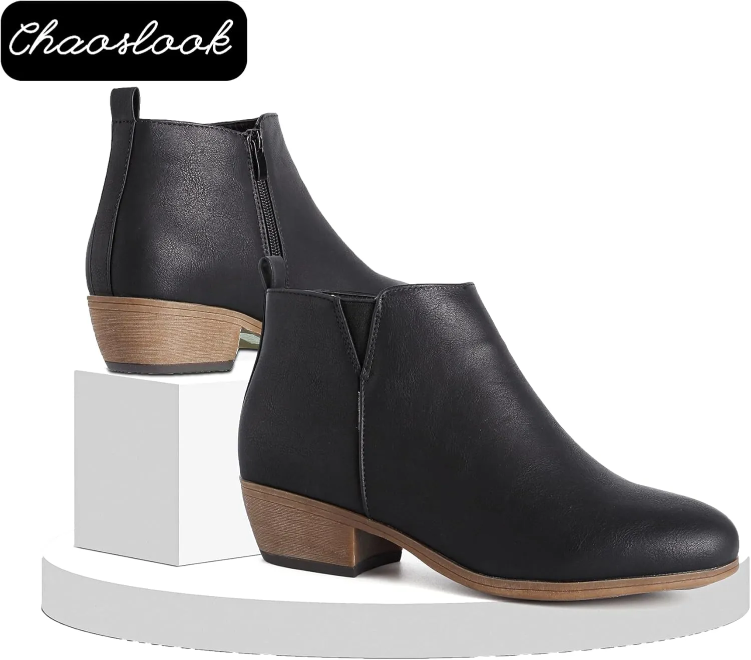 Womens Ankle Booties Low Heels Chunky Comfortable Leather Short Ankle Boots Round Toe With Side Zipper