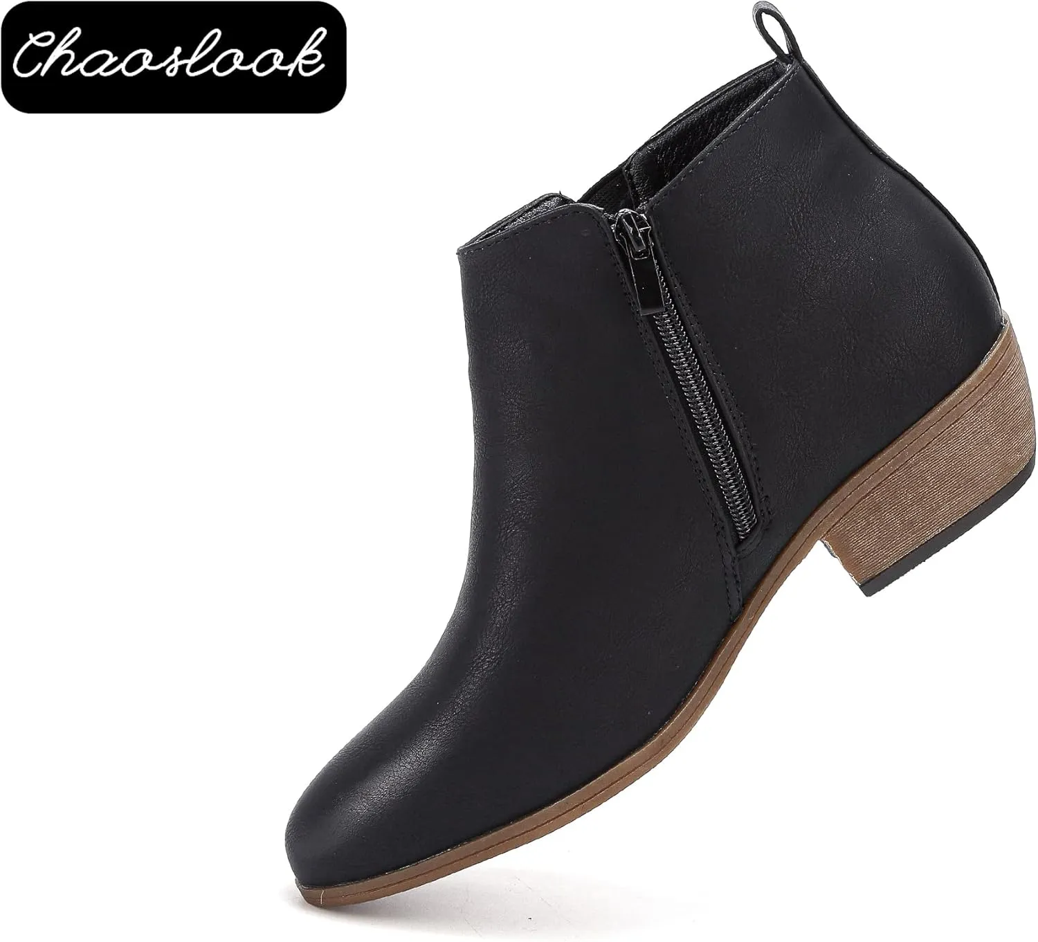 Womens Ankle Booties Low Heels Chunky Comfortable Leather Short Ankle Boots Round Toe With Side Zipper