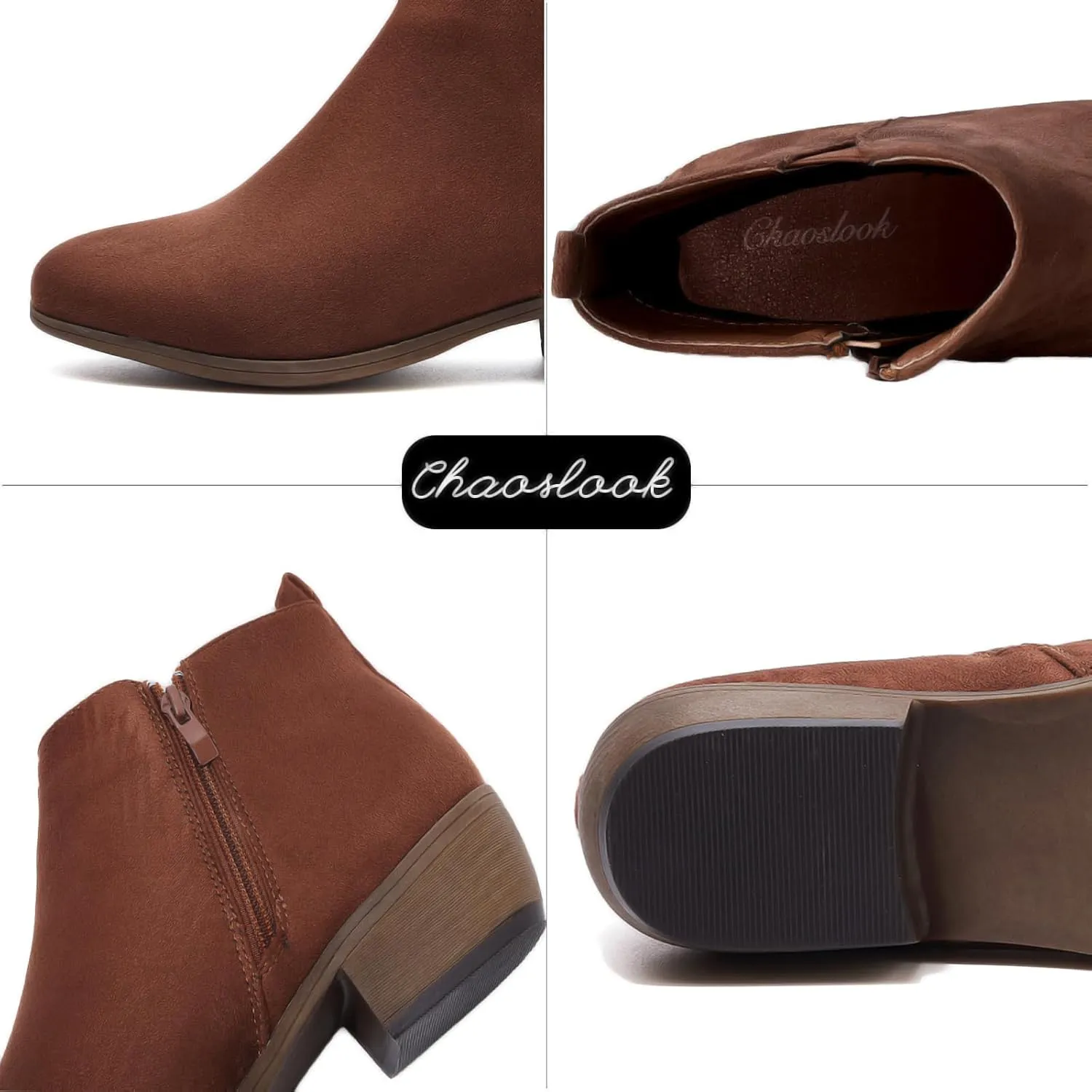 Womens Ankle Booties Low Heels Chunky Comfortable Leather Short Ankle Boots Round Toe With Side Zipper