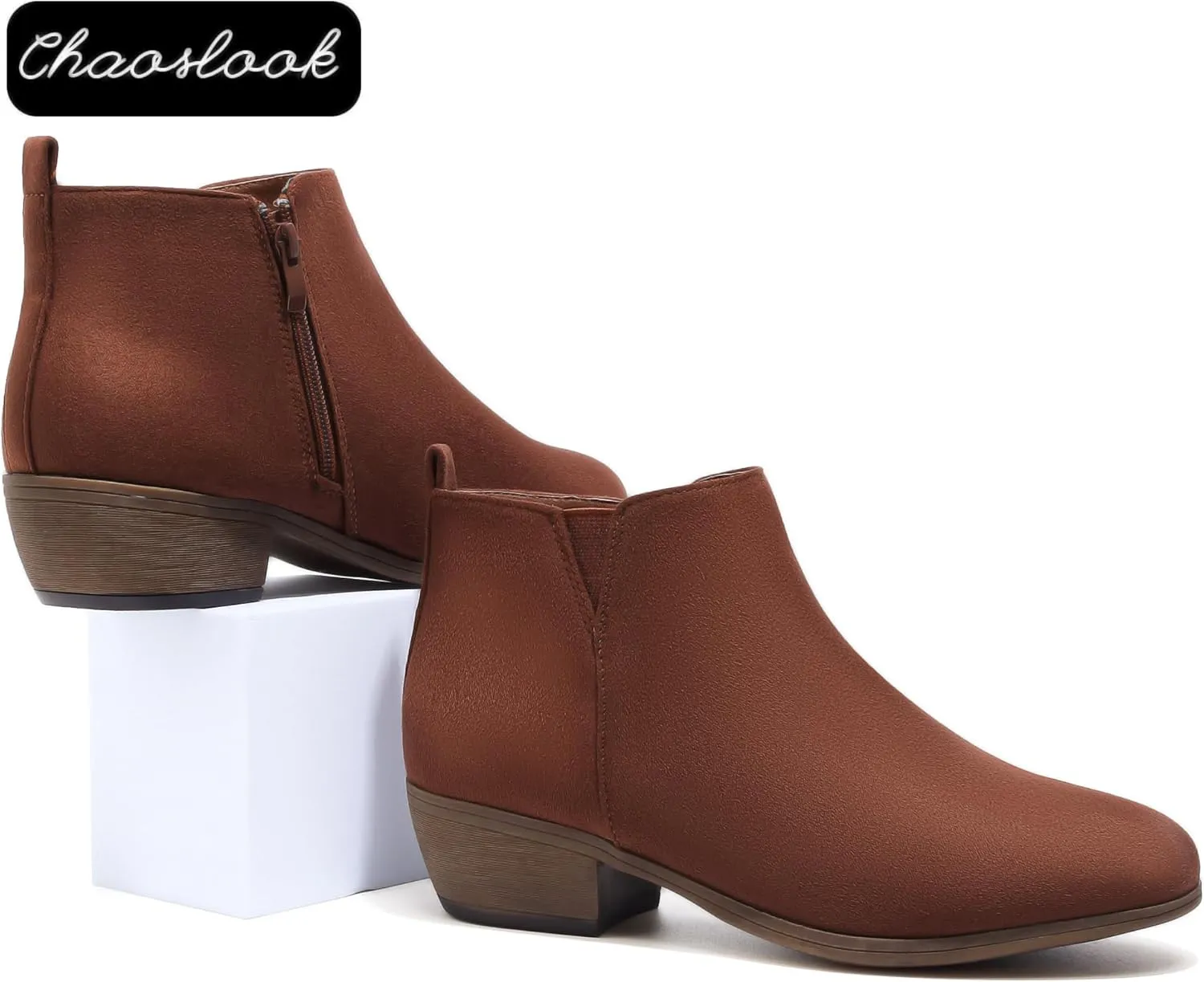 Womens Ankle Booties Low Heels Chunky Comfortable Leather Short Ankle Boots Round Toe With Side Zipper