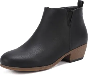 Womens Ankle Booties Low Heels Chunky Comfortable Leather Short Ankle Boots Round Toe With Side Zipper