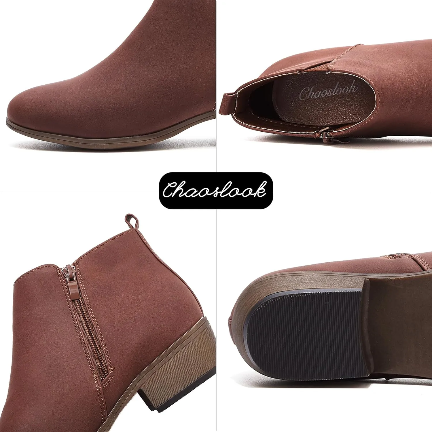 Womens Ankle Booties Low Heels Chunky Comfortable Leather Short Ankle Boots Round Toe With Side Zipper