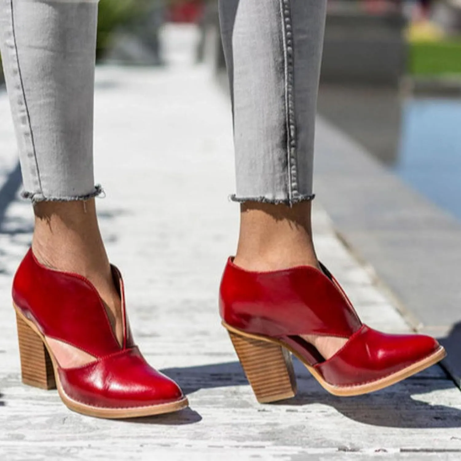 Womens Ankle Boots Chunky Stacked Heel Cut Out Pointed Toe Faux Leather Booties Womens Platform Summer Sandals