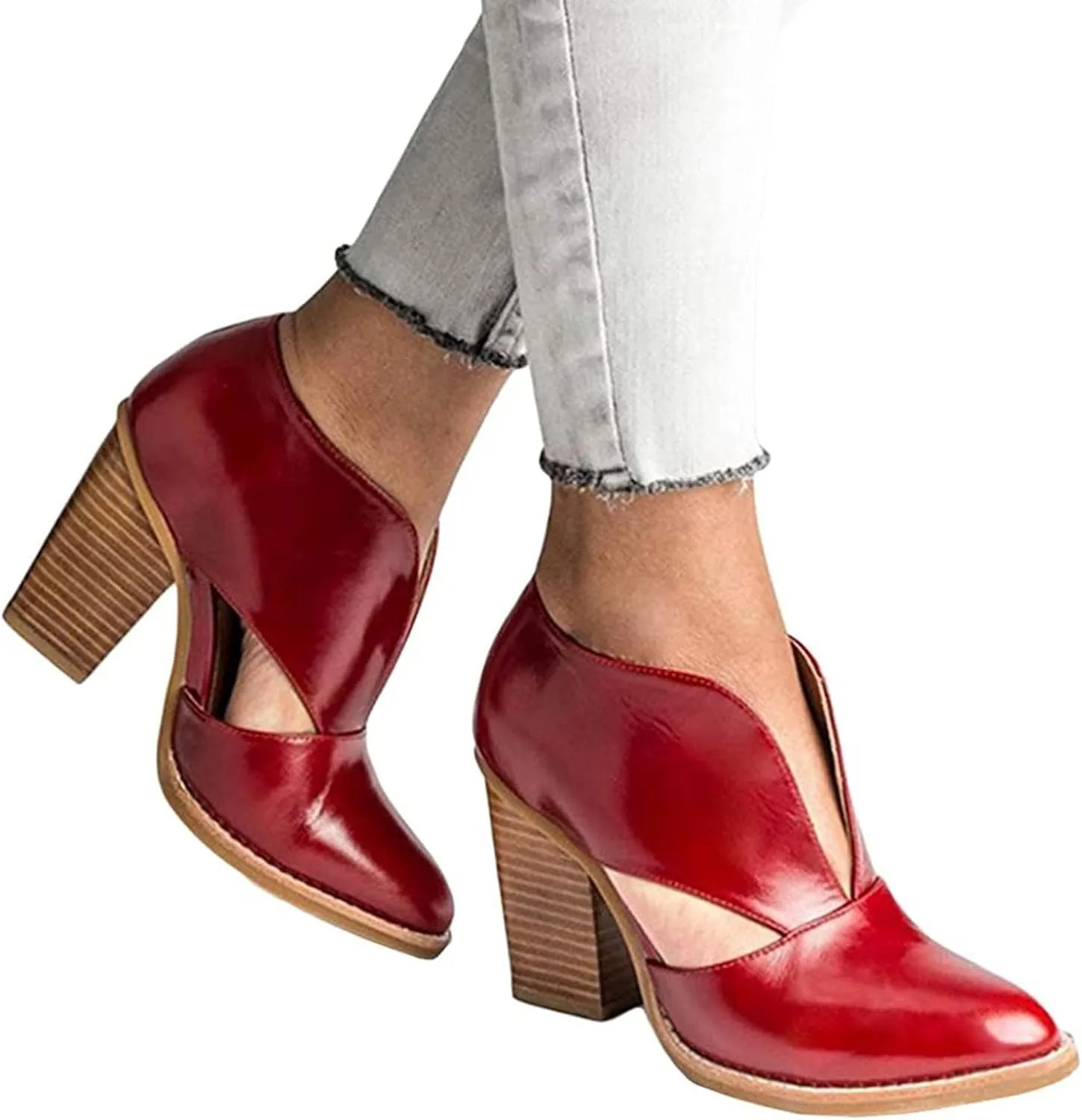 Womens Ankle Boots Chunky Stacked Heel Cut Out Pointed Toe Faux Leather Booties Womens Platform Summer Sandals