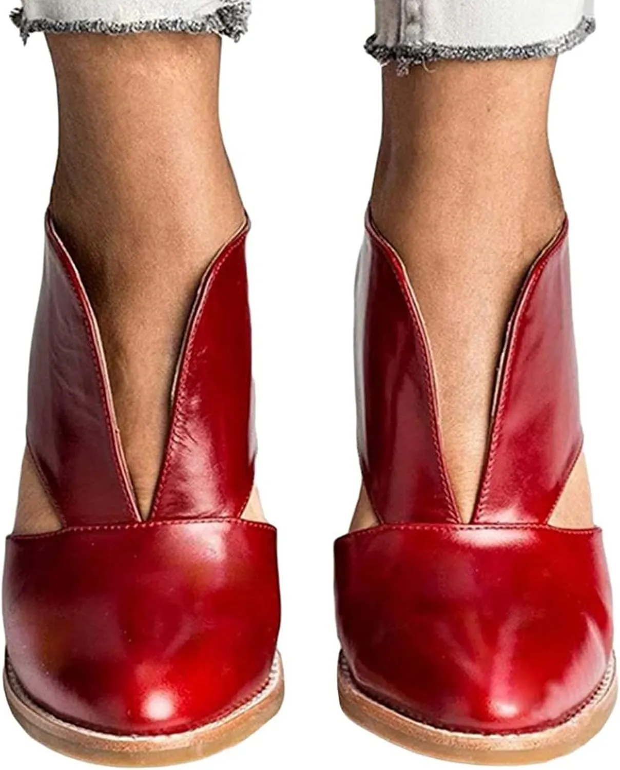 Womens Ankle Boots Chunky Stacked Heel Cut Out Pointed Toe Faux Leather Booties Womens Platform Summer Sandals