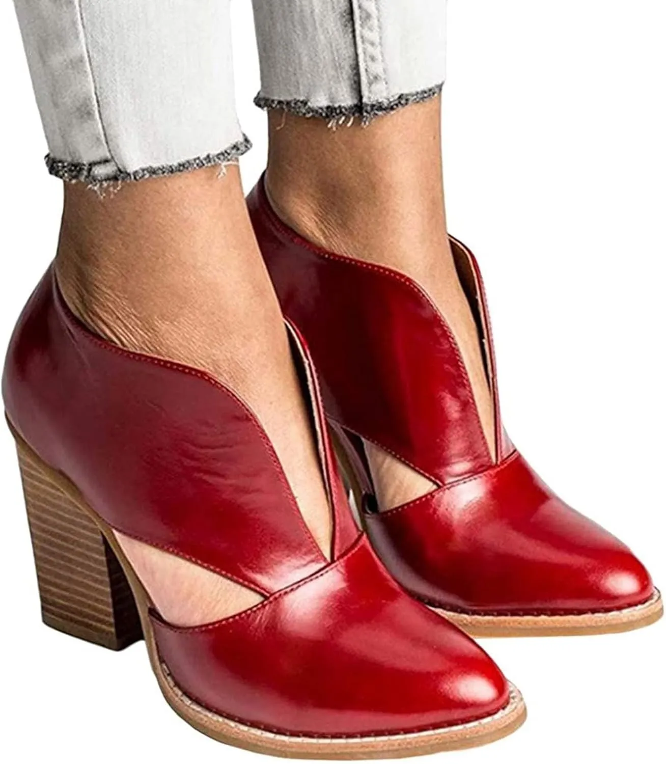 Womens Ankle Boots Chunky Stacked Heel Cut Out Pointed Toe Faux Leather Booties Womens Platform Summer Sandals