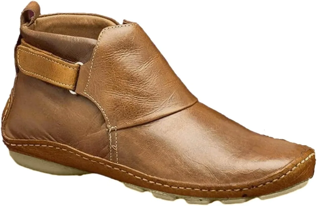 Womens Ankle Boots Low Chunky Heels Comfortable Short Fall Booties Leather Resistant Round Toe Flat Slouch Boot