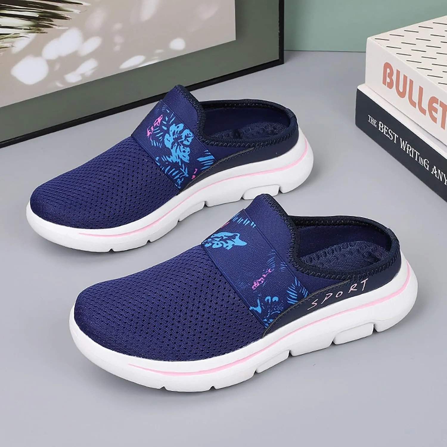 Womens Backless Sneakers Mesh Slip-on Mule Shoes Mens Running Shoes Sports White Casual Shoes Waterproof Sneakers Black Tennis Shoe Loafers Casual Slip On