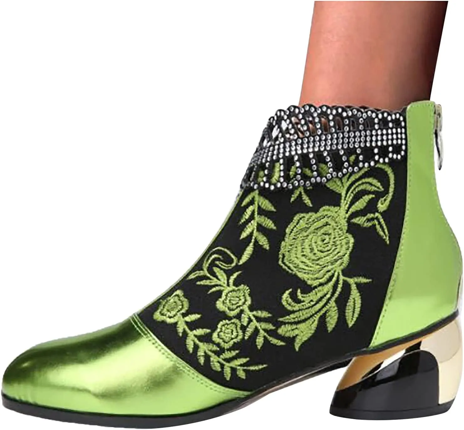 Womens Boots Retro Pattern Chunky Heels Side Zipper Boots for Women Vintage Leather Elegant Ankle Boots
