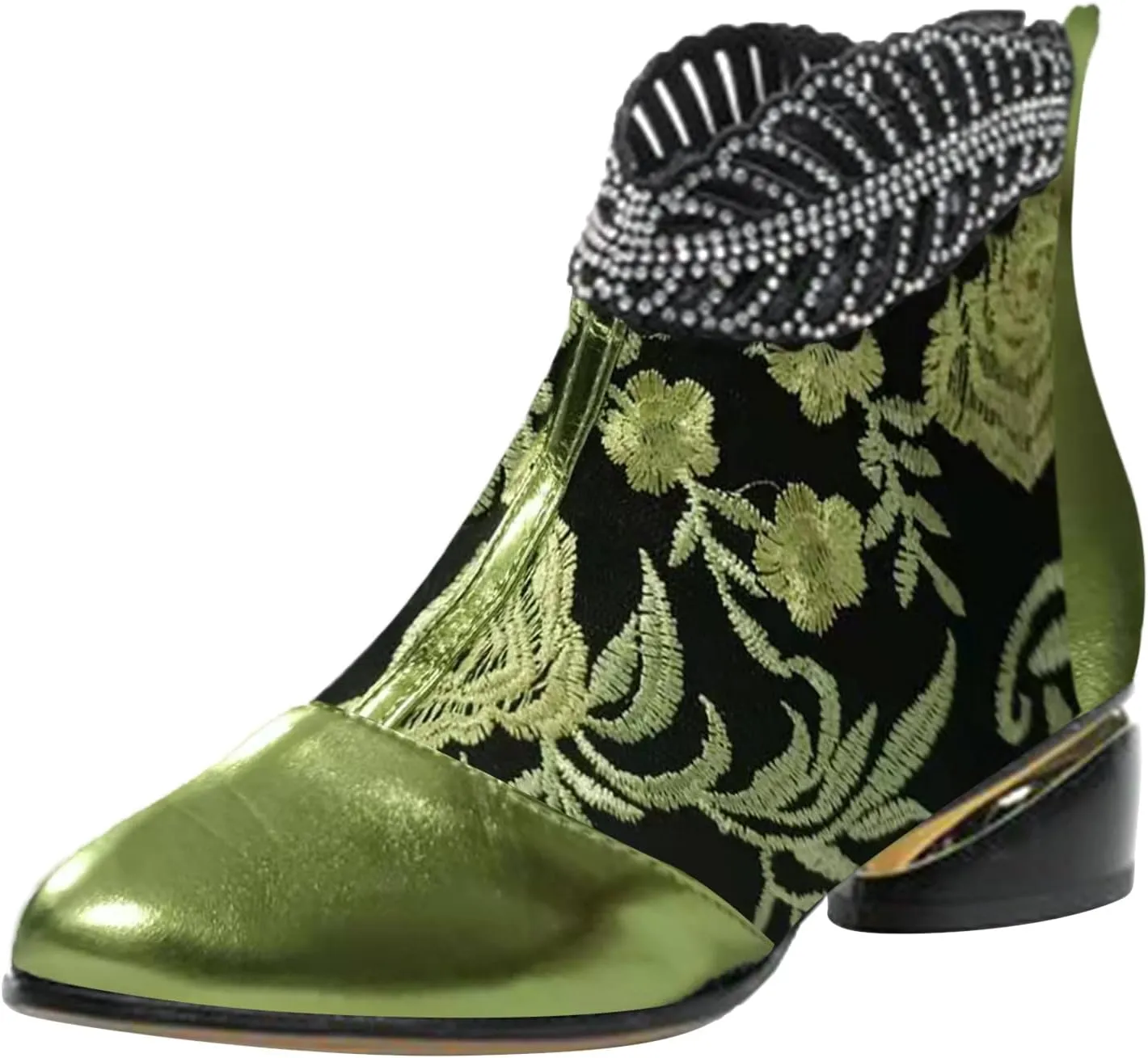 Womens Boots Retro Pattern Chunky Heels Side Zipper Boots for Women Vintage Leather Elegant Ankle Boots