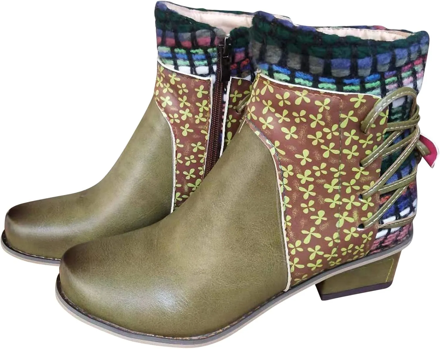 Womens Boots Retro Roman Ethnic Side Zipper Square Heel Boots for Women Soft Cozy Leather Ankle Boots