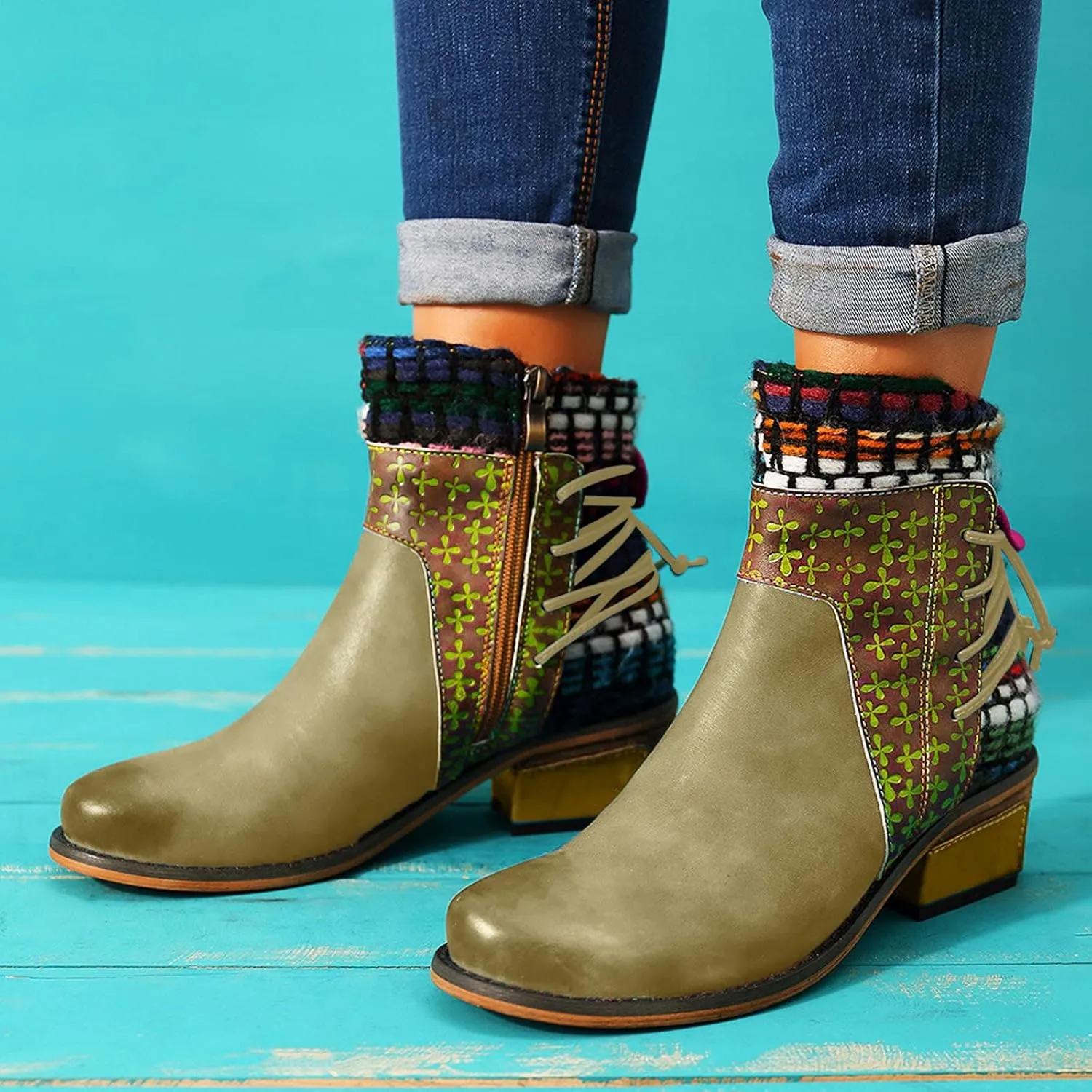 Womens Boots Retro Roman Ethnic Side Zipper Square Heel Boots for Women Soft Cozy Leather Ankle Boots