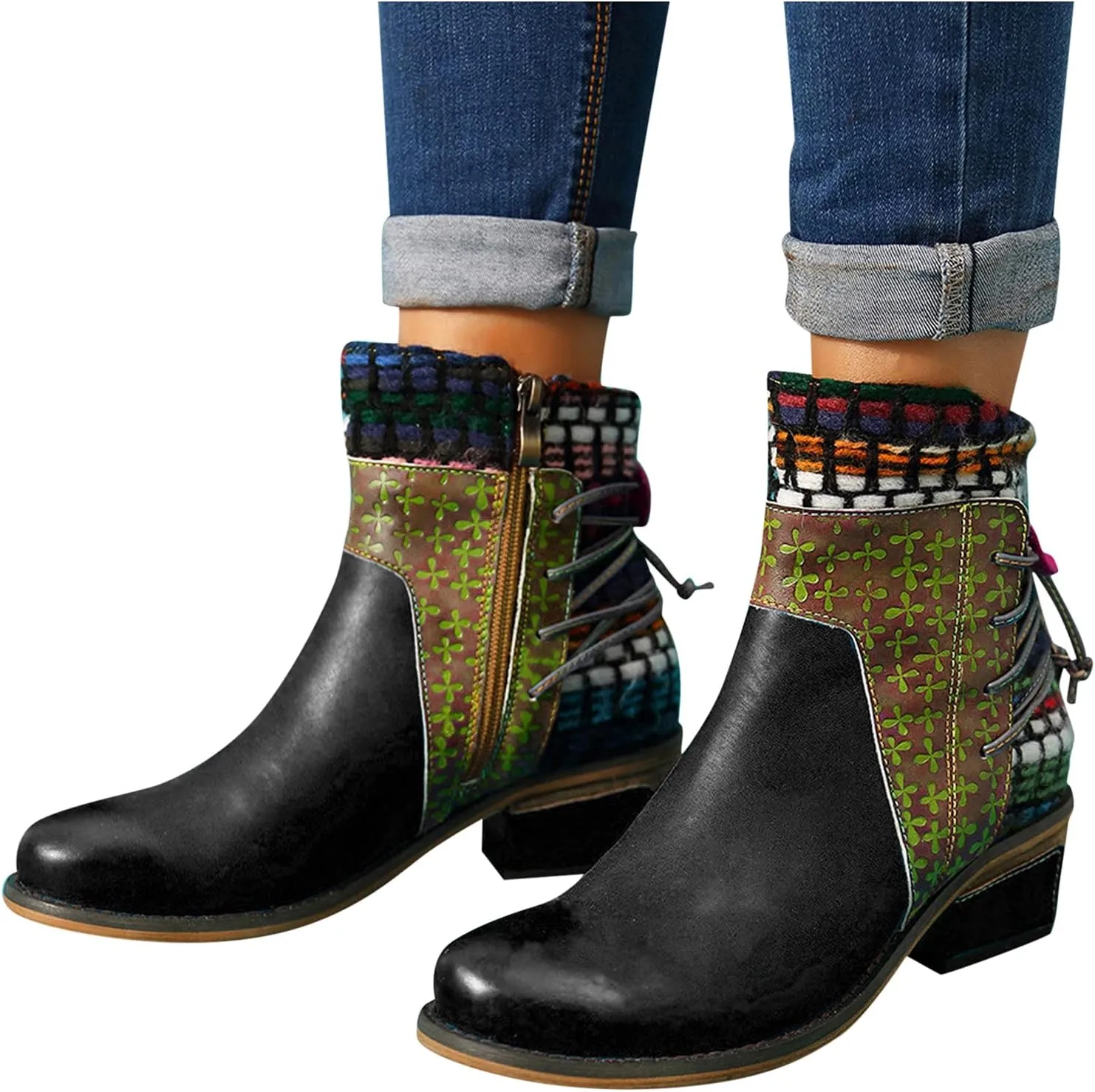 Womens Boots Retro Roman Ethnic Side Zipper Square Heel Boots for Women Soft Cozy Leather Ankle Boots