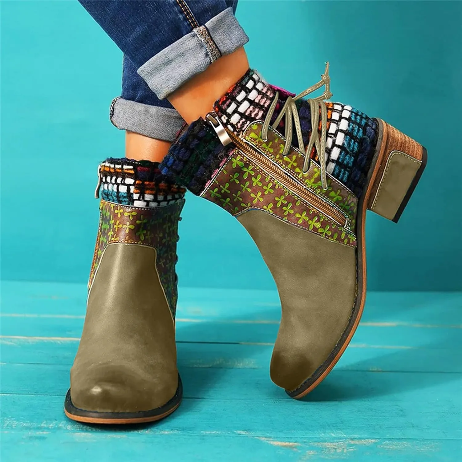 Womens Boots Retro Roman Ethnic Side Zipper Square Heel Boots for Women Soft Cozy Leather Ankle Boots