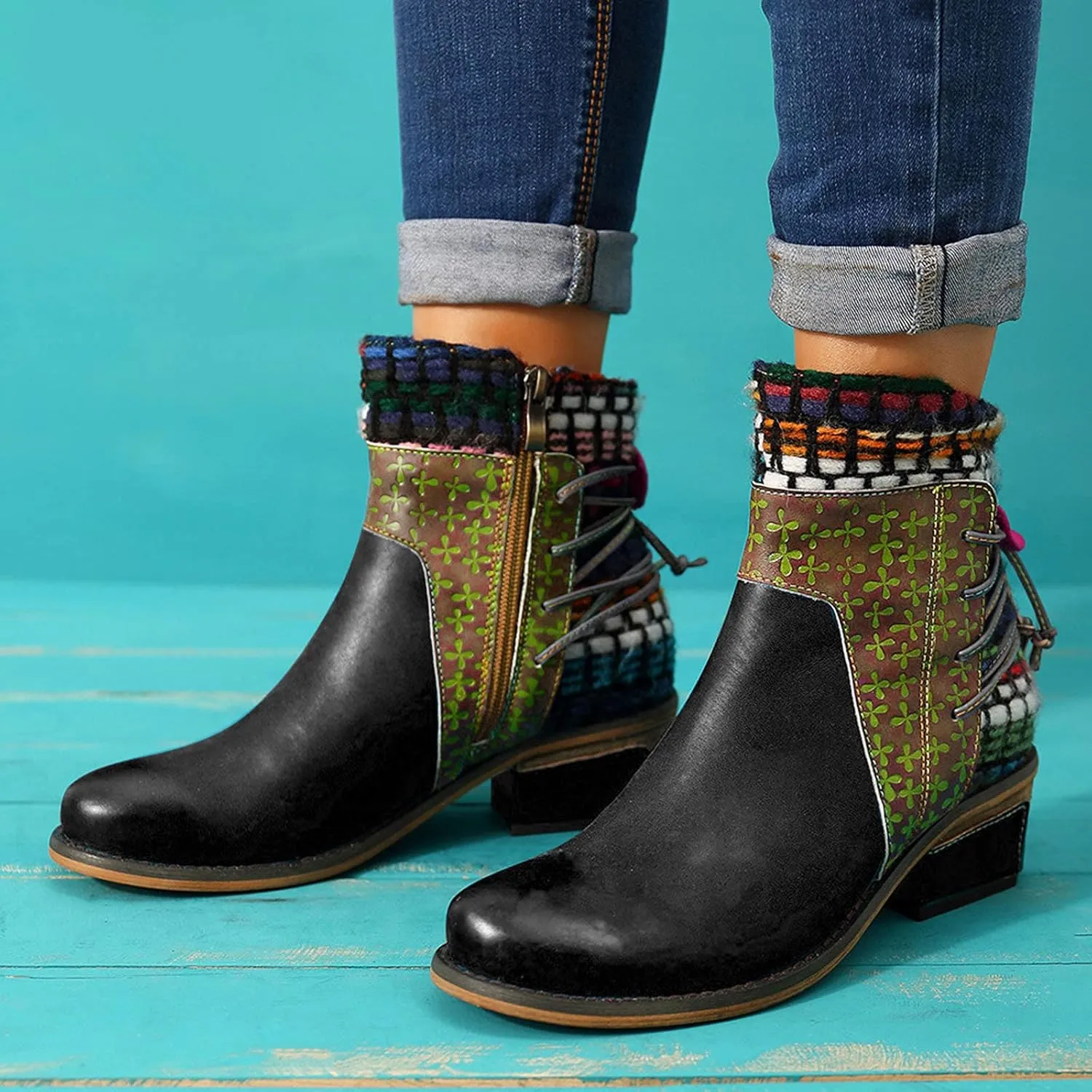 Womens Boots Retro Roman Ethnic Side Zipper Square Heel Boots for Women Soft Cozy Leather Ankle Boots