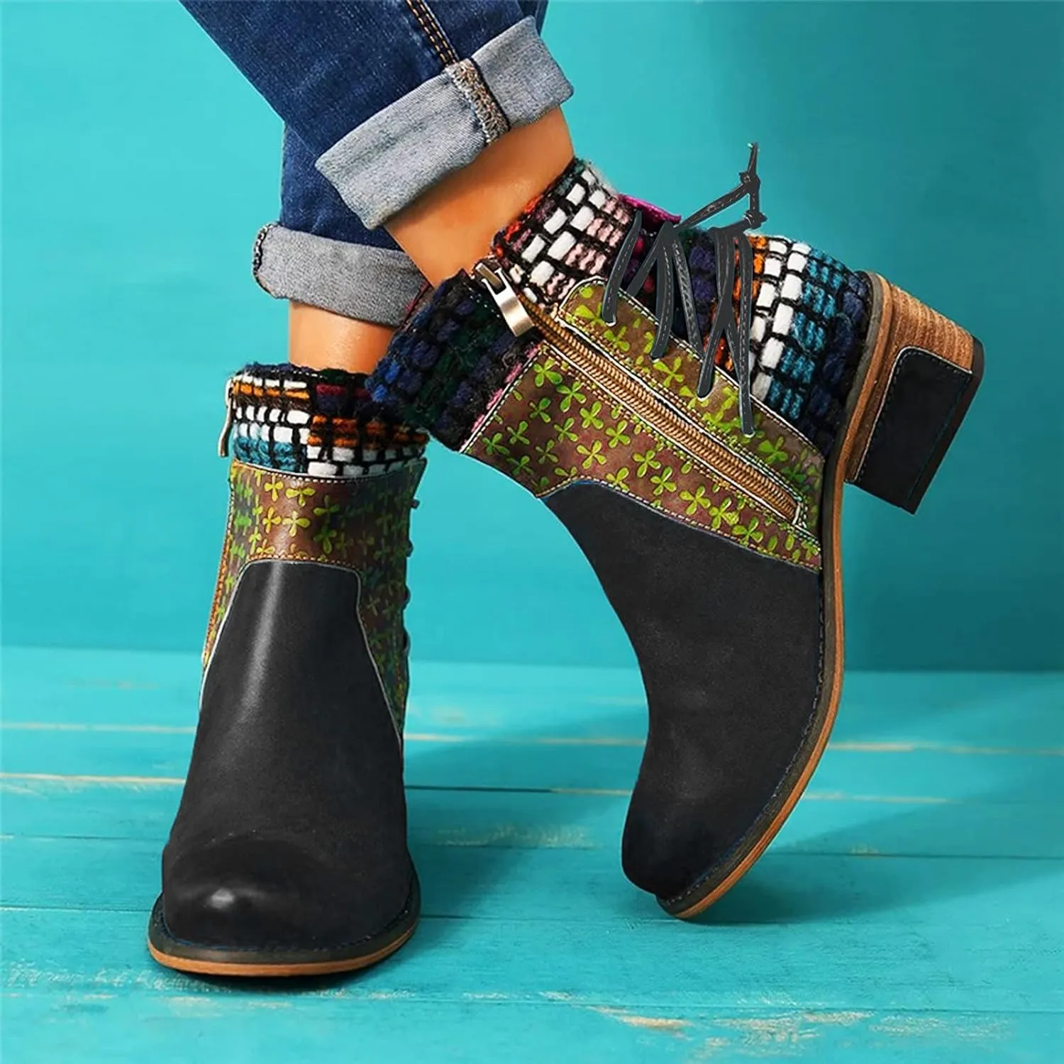 Womens Boots Retro Roman Ethnic Side Zipper Square Heel Boots for Women Soft Cozy Leather Ankle Boots