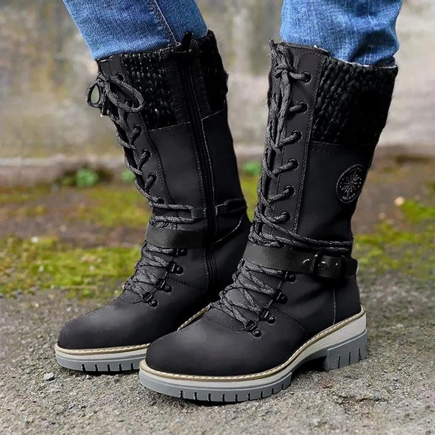Womens Boots Winter Thermal Lug Sole Cozy Boots for Women Durable Faux Leather Non Slip Mid-Calf Snow Boots