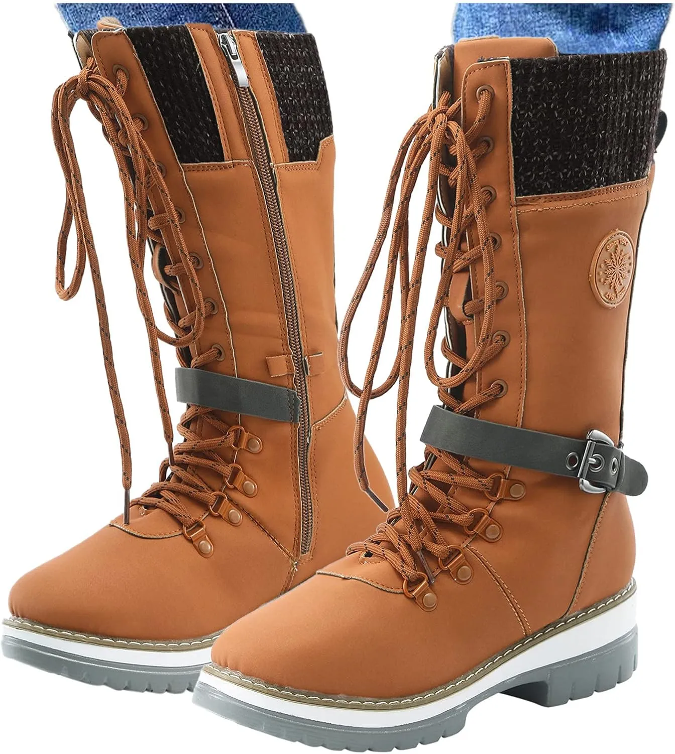 Womens Boots Winter Warm Cozy Lug Sole Boots for Women Durable Faux Leather Non Slip Mid-Calf Snow Boots