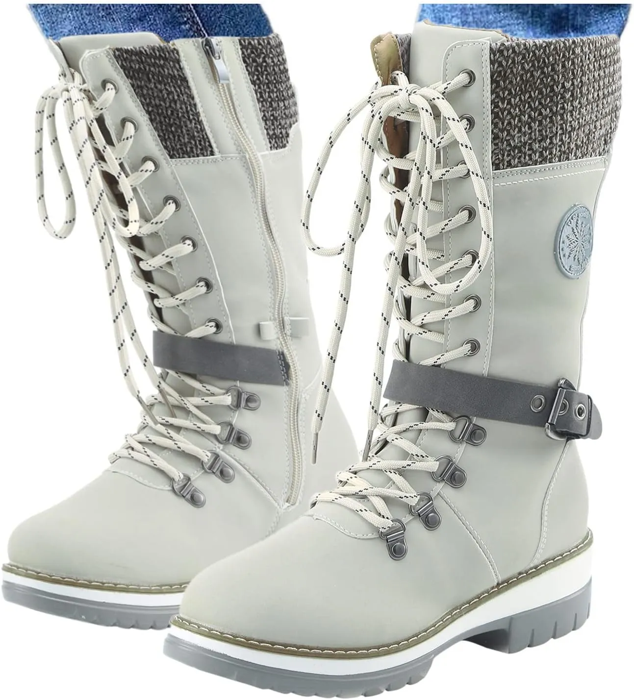 Womens Boots Winter Warm Cozy Lug Sole Boots for Women Durable Faux Leather Non Slip Mid-Calf Snow Boots