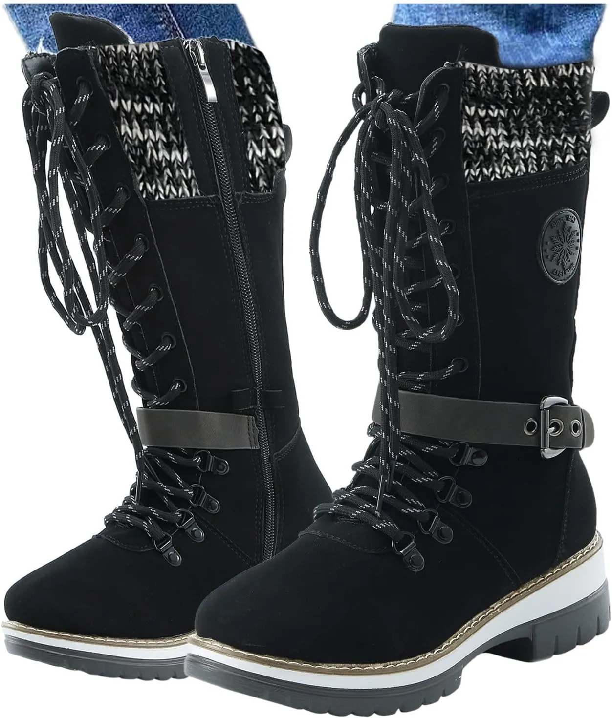 Womens Boots Winter Warm Cozy Lug Sole Boots for Women Durable Faux Leather Non Slip Mid-Calf Snow Boots